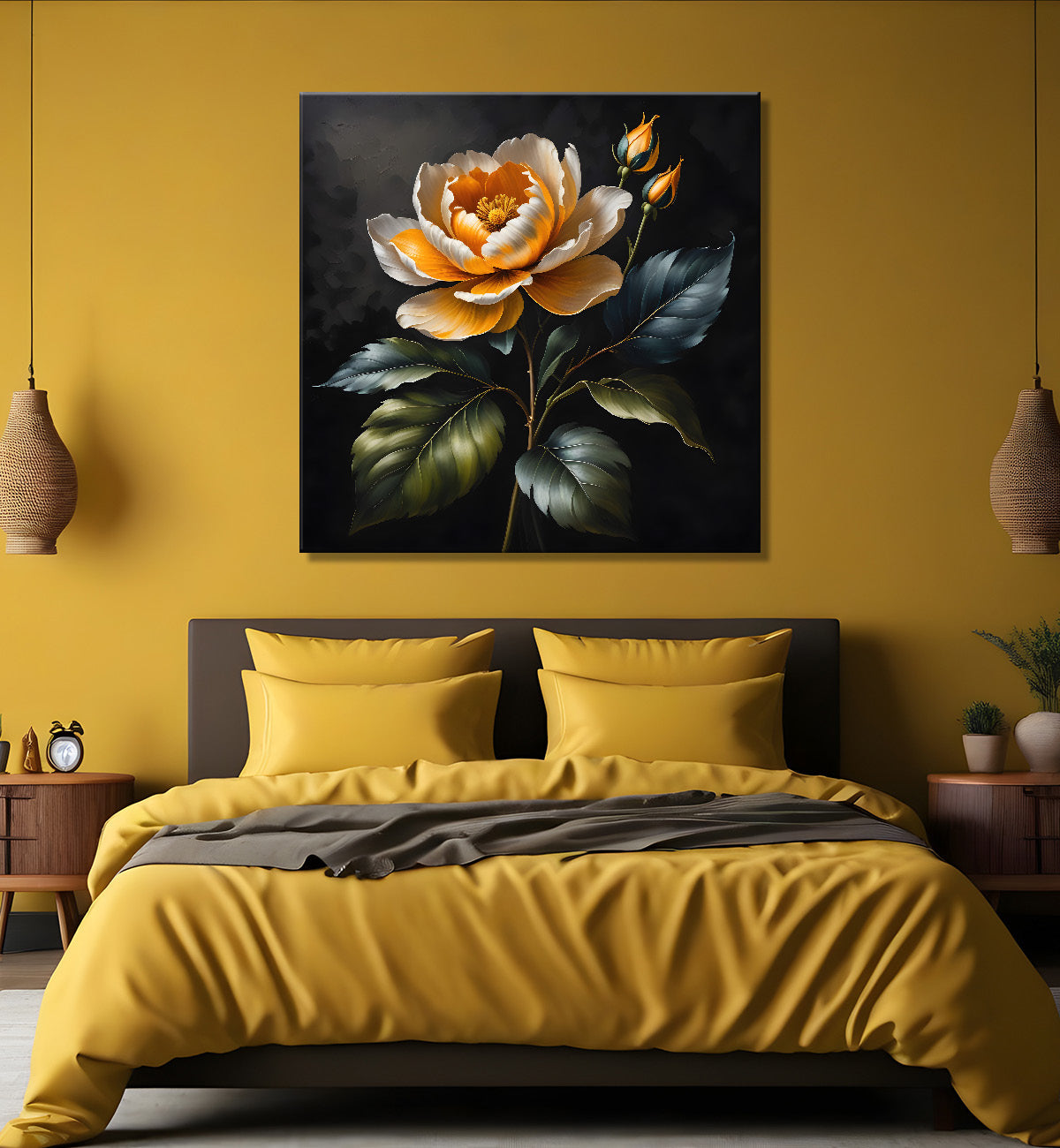 Yellow flower in black textured oil painting - Flower-S-445