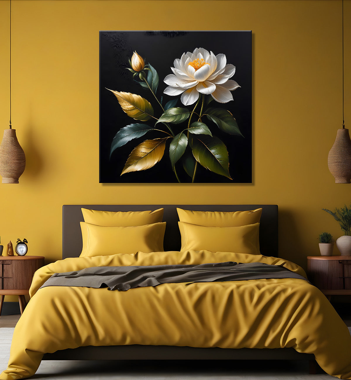 White flower in black textured oil painting - Flower-S-446