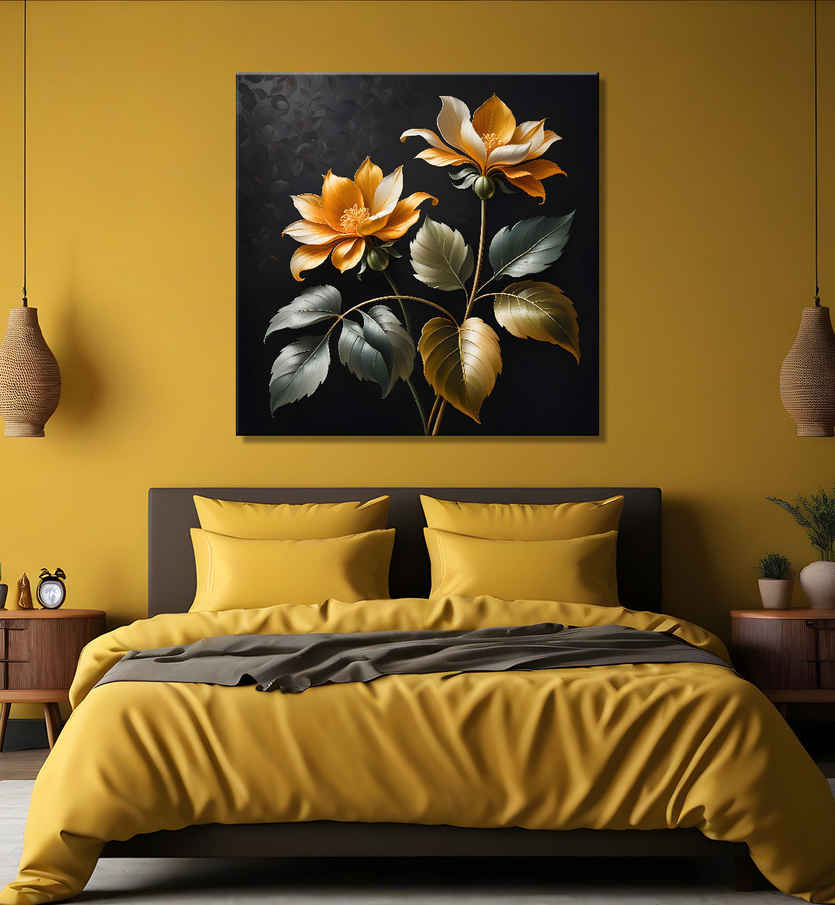 Yellow flower in black textured oil painting - Flower-S-447