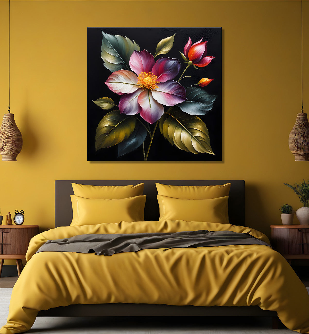Pink flower in black textured oil painting - Flower-S-448