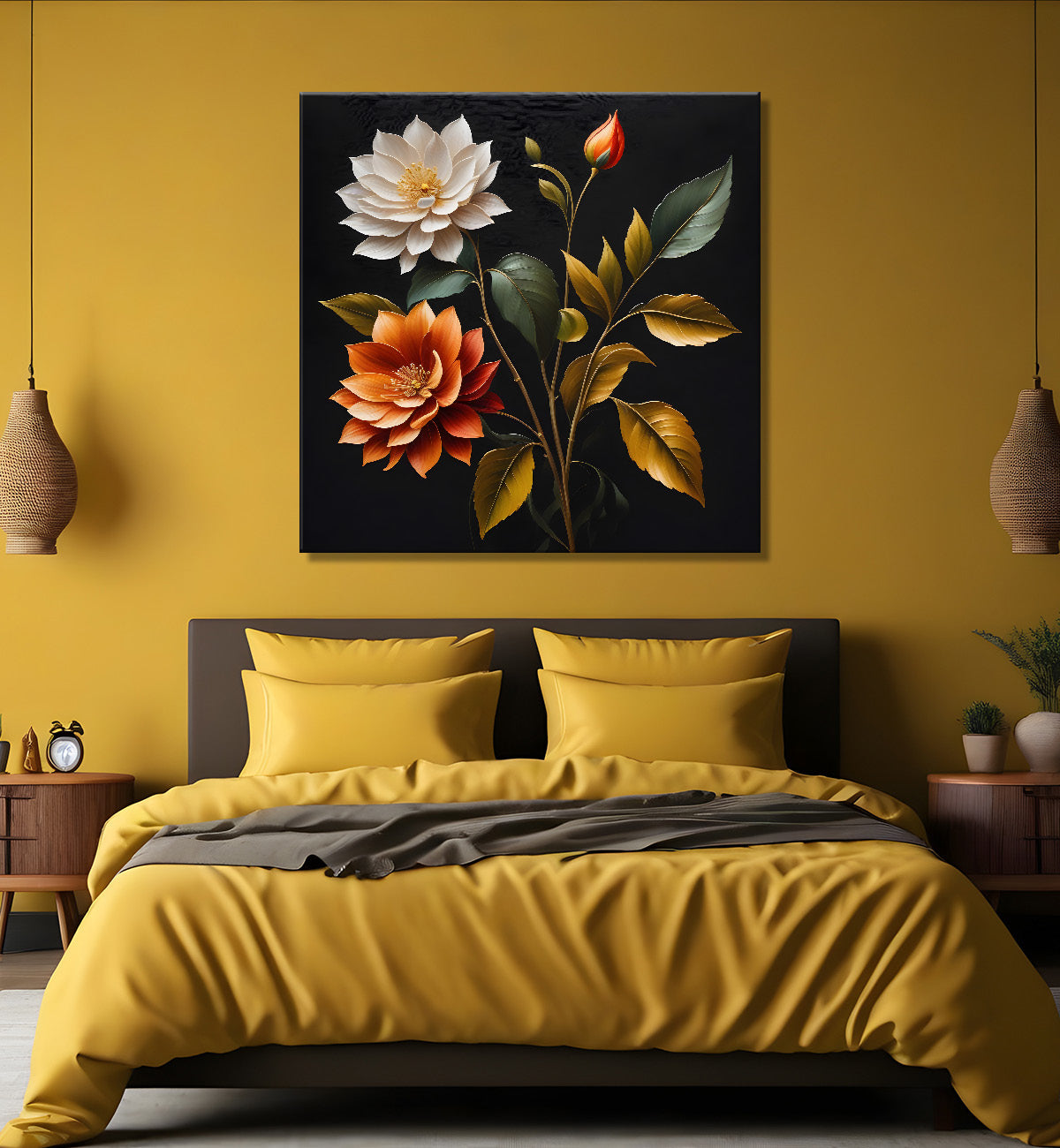 Colourful flower in black textured oil painting - Flower-S-449