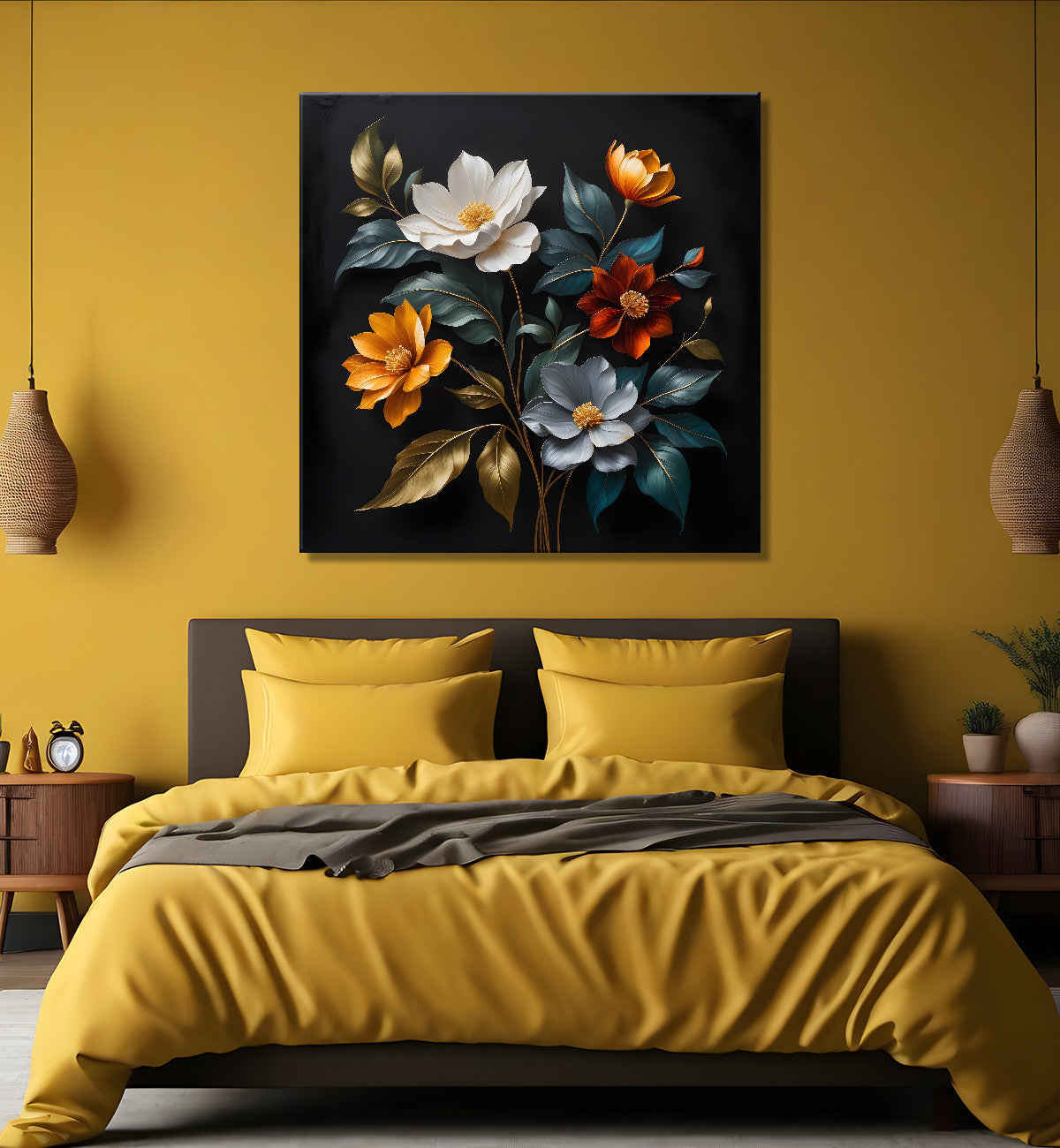 Colourful flower in black textured oil painting - Flower-S-451
