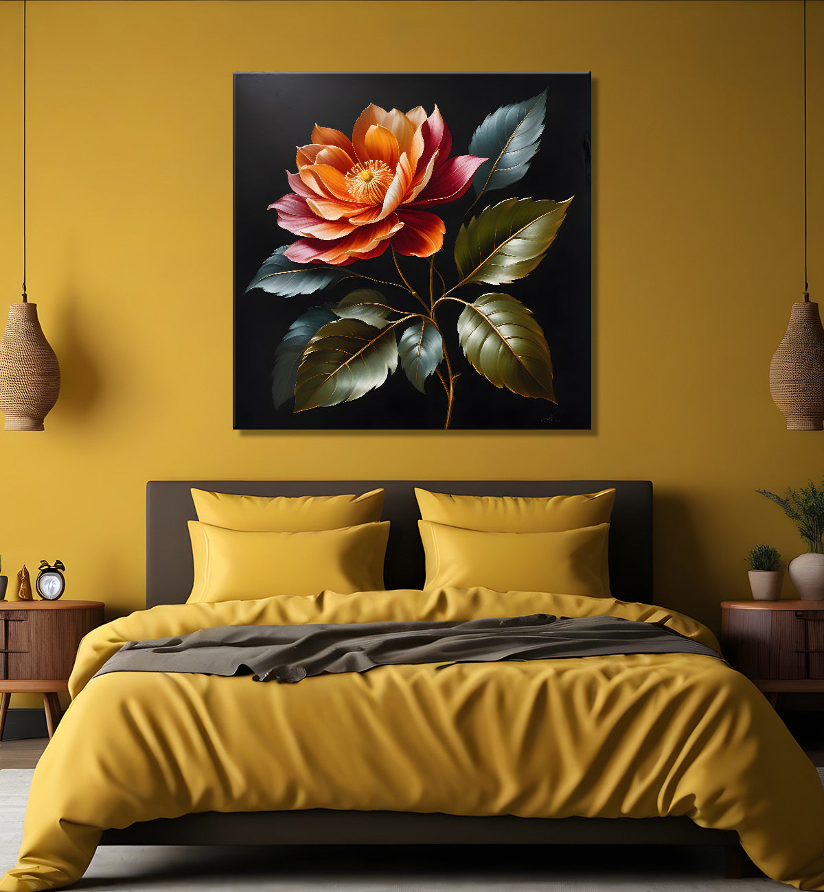 Pink flower in black textured oil painting - Flower-S-453