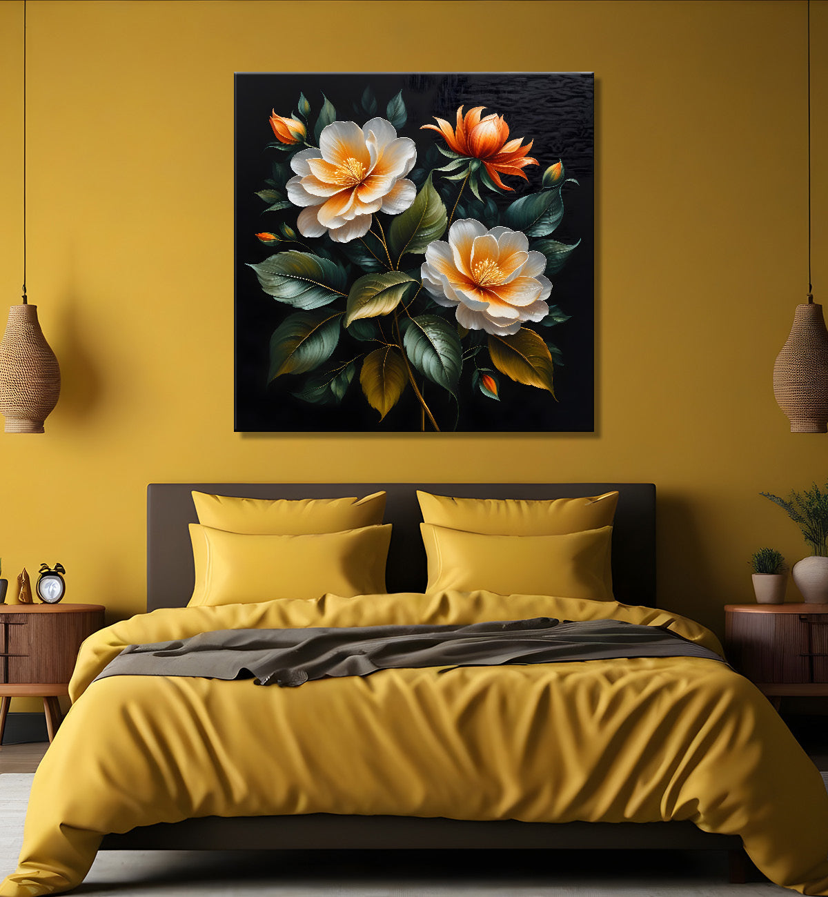 Colourful flower in black textured oil painting - Flower-S-454