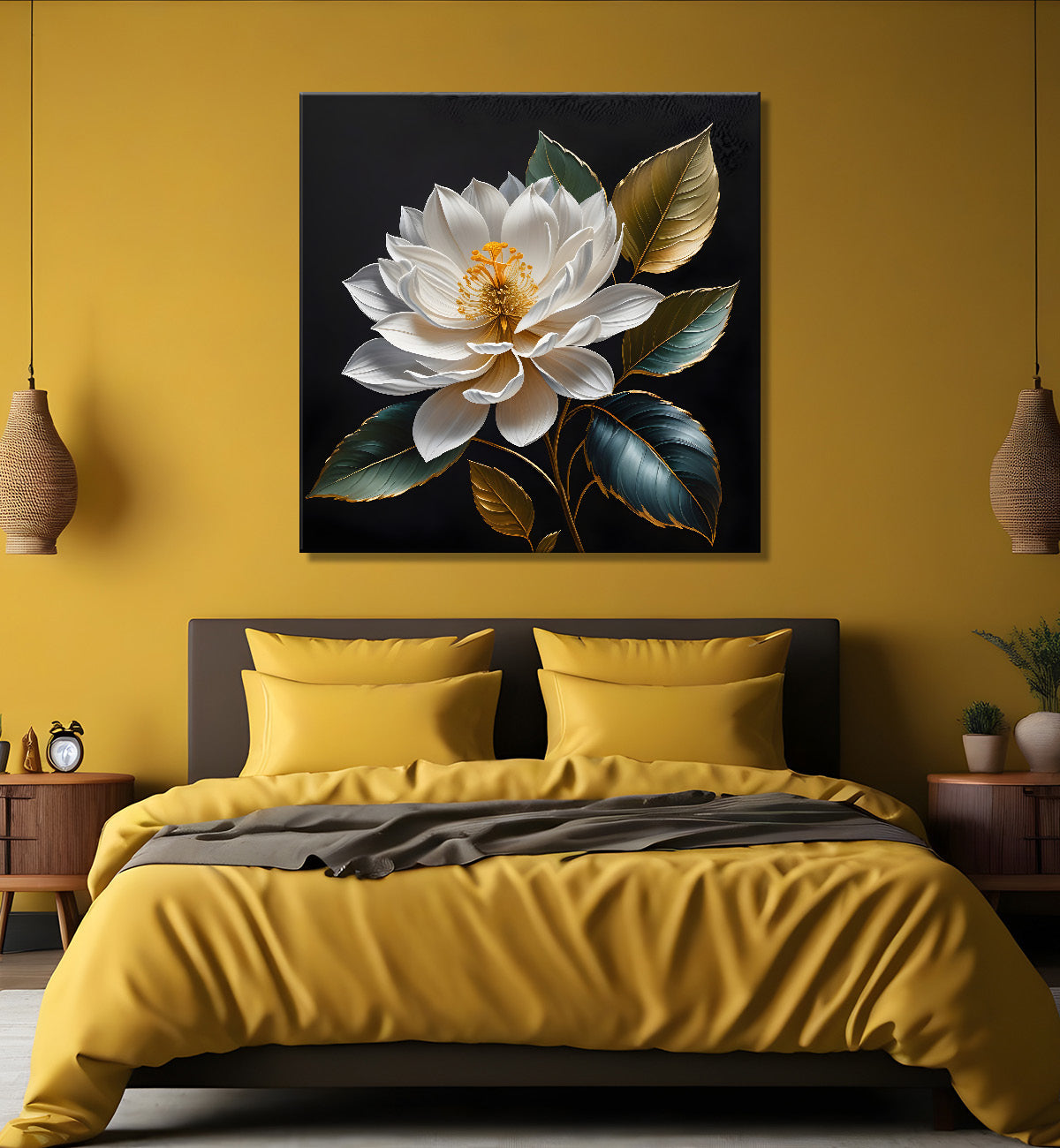 White flower in black textured oil painting - Flower-S-456