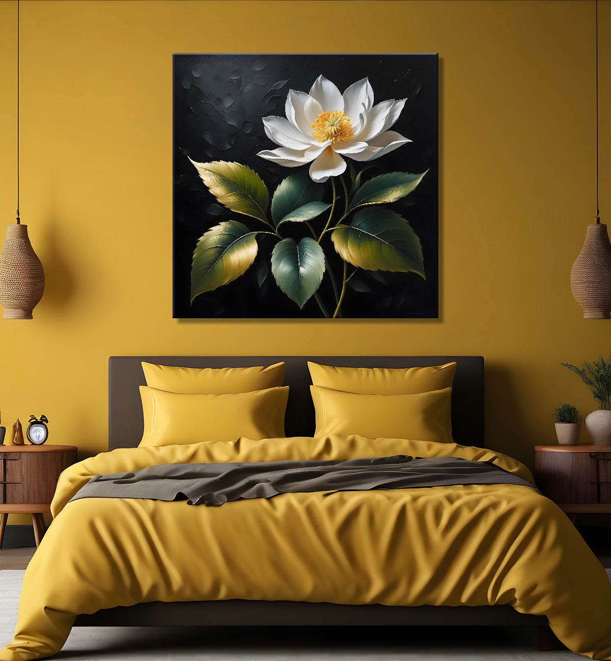White flower in black textured oil painting - Flower-S-459
