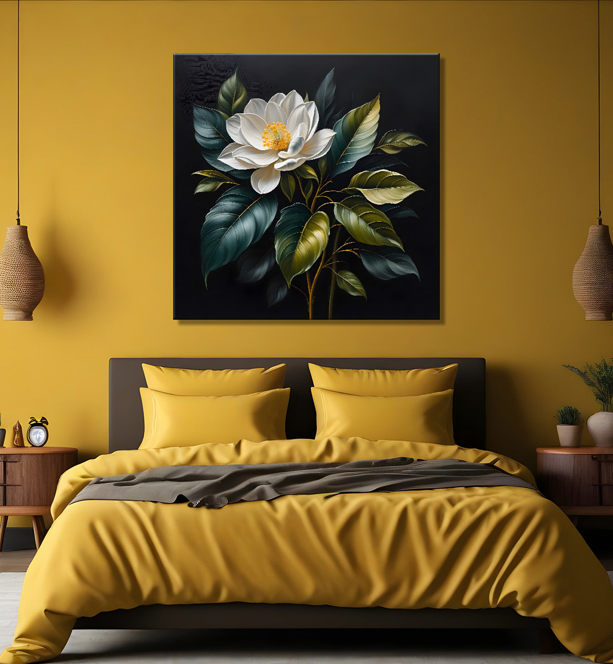 White flower in black textured oil painting  - Flower-S-462