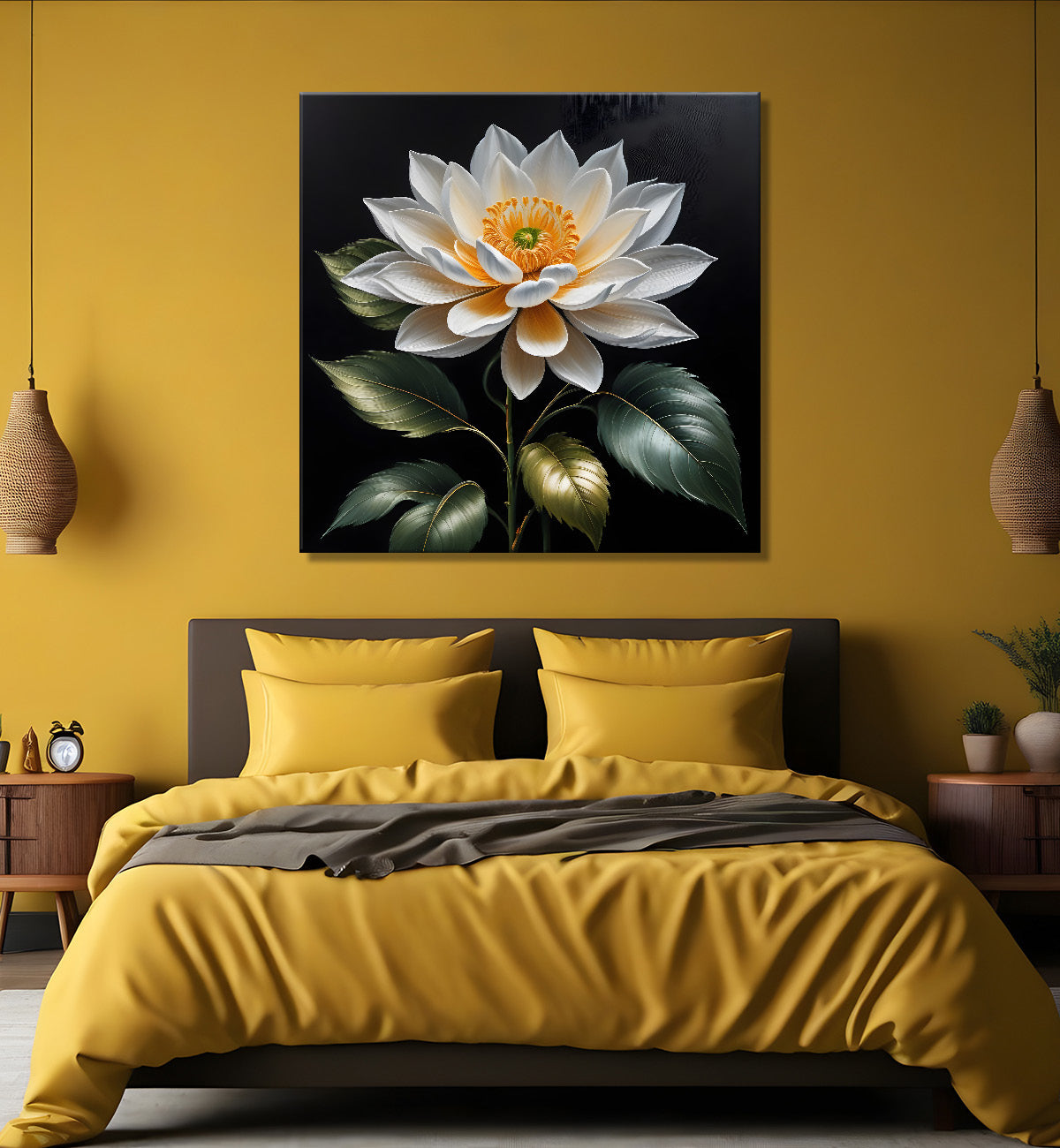 White flower in black textured oil painting - Flower-S-465