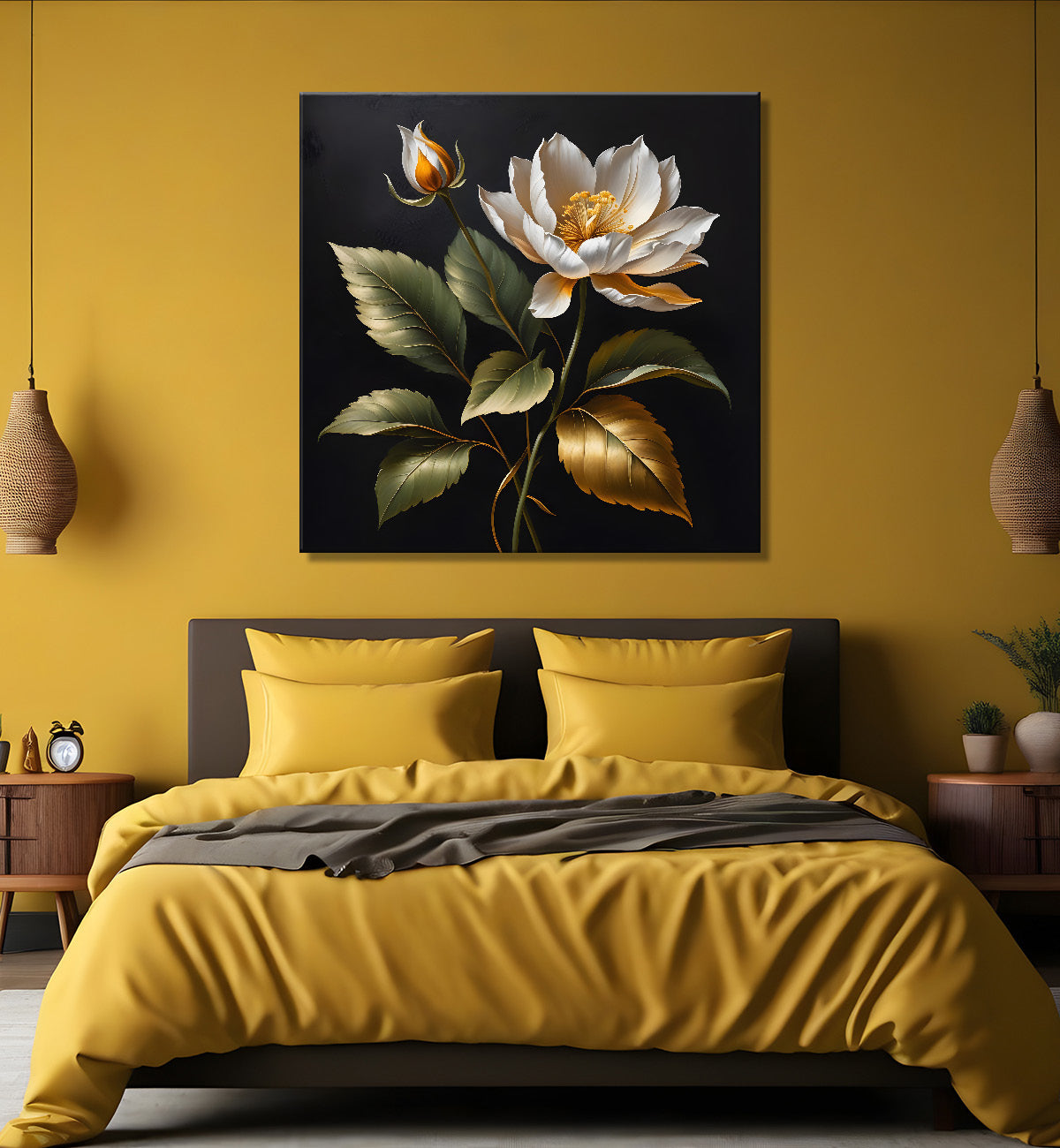 White flower in black textured oil painting - Flower-S-467