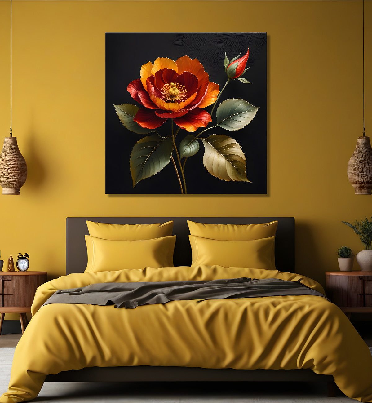 Orange flower in black textured oil painting - Flower-S-468