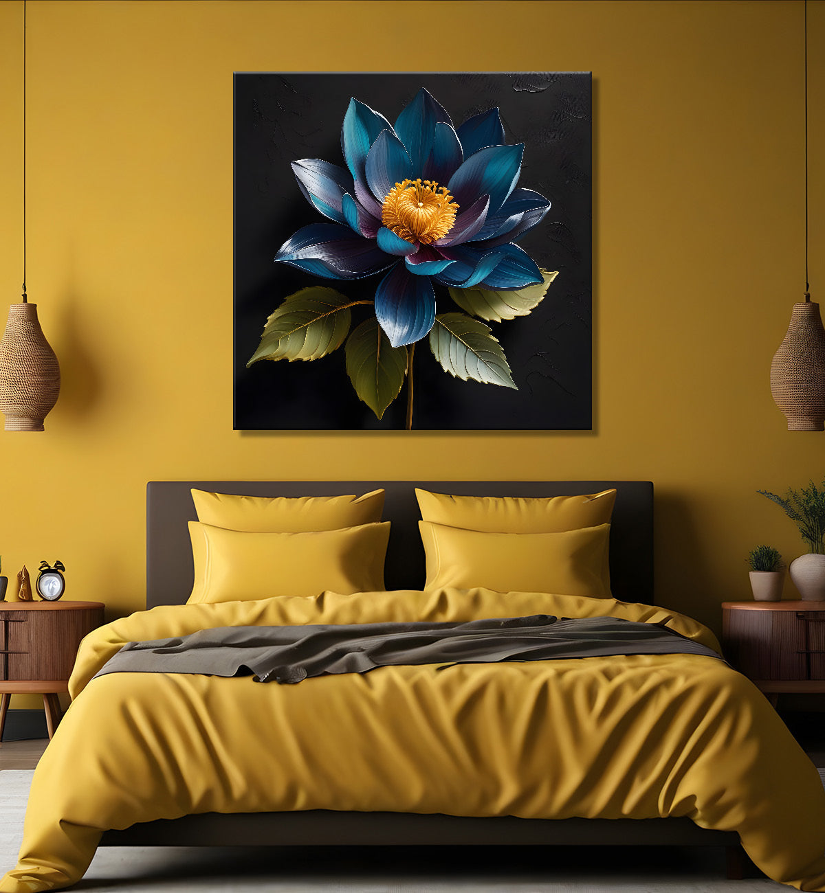 Blue flower in black textured oil painting - Flower-S-469