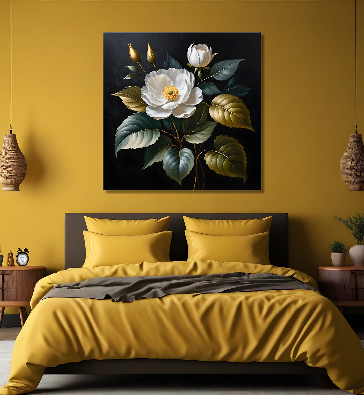 White flower in black textured oil painting - Flower-S-470