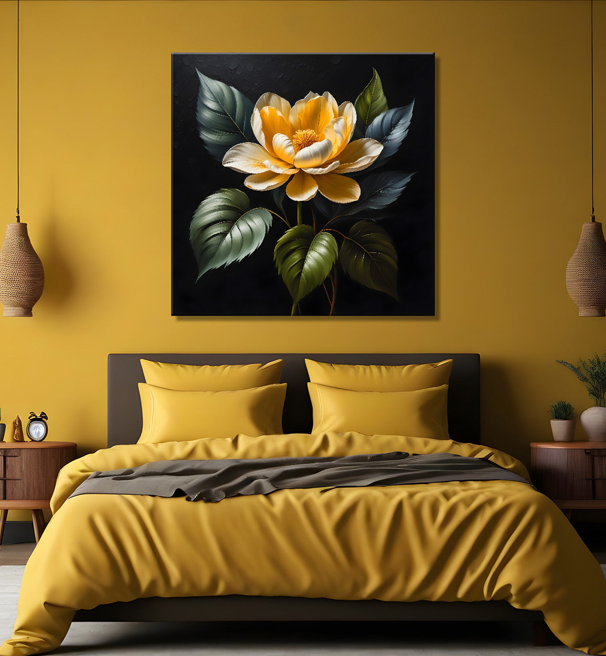 Yellow flower in black textured oil painting - Flower-S-471