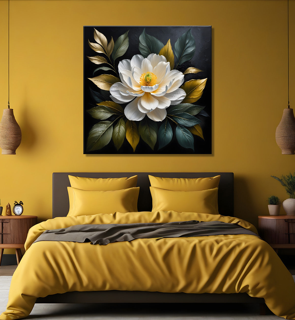 White flower in black textured oil painting - Flower-S-476