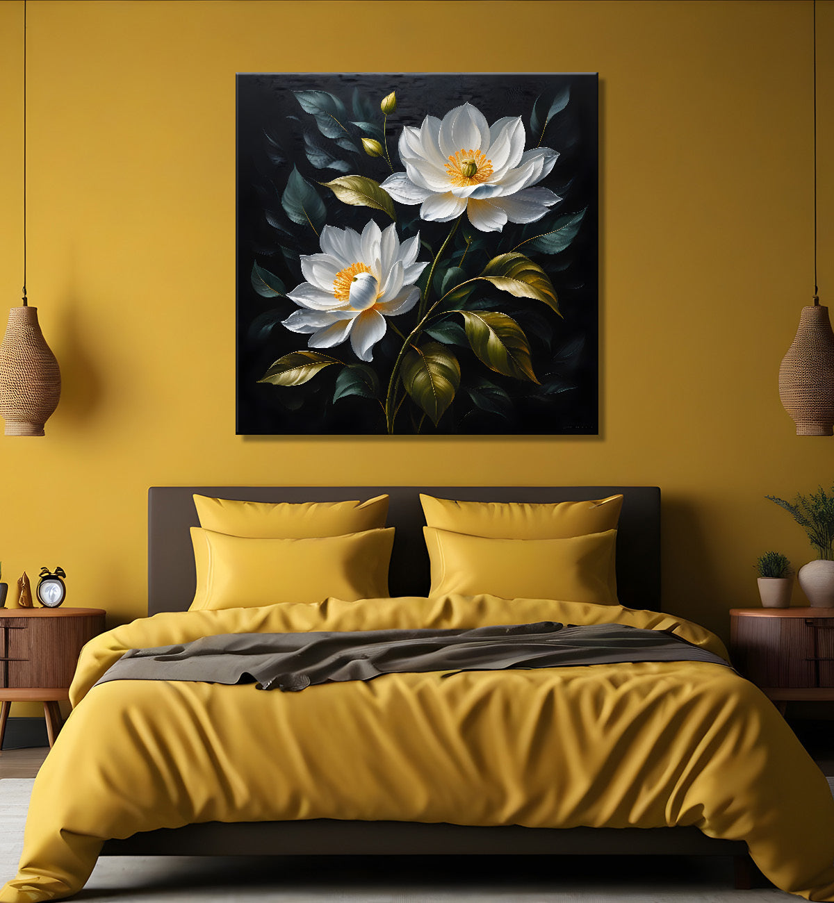 White flowers in black textured oil painting - Flower-S-477