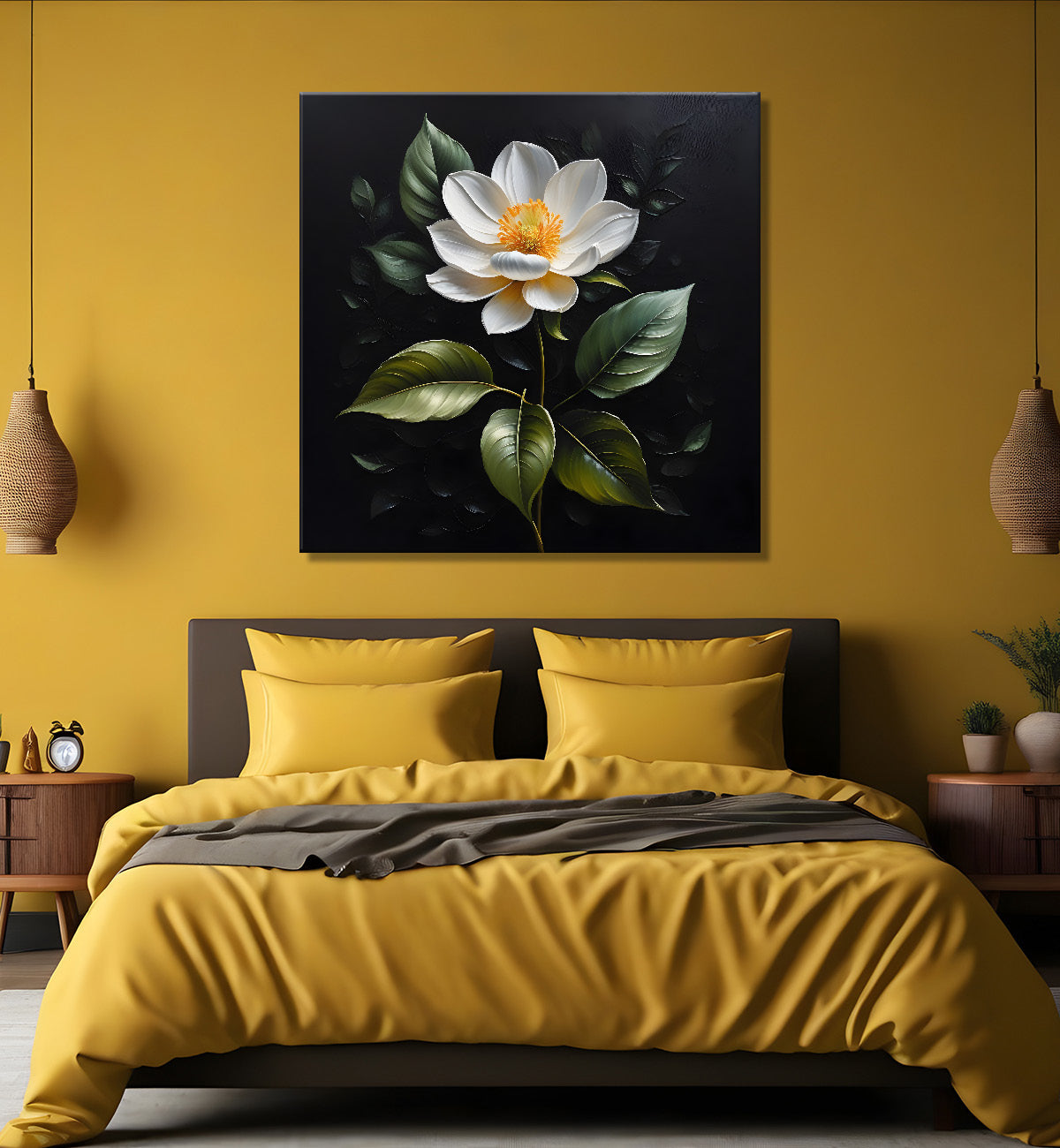 White flowers in black textured oil painting - Flower-S-478