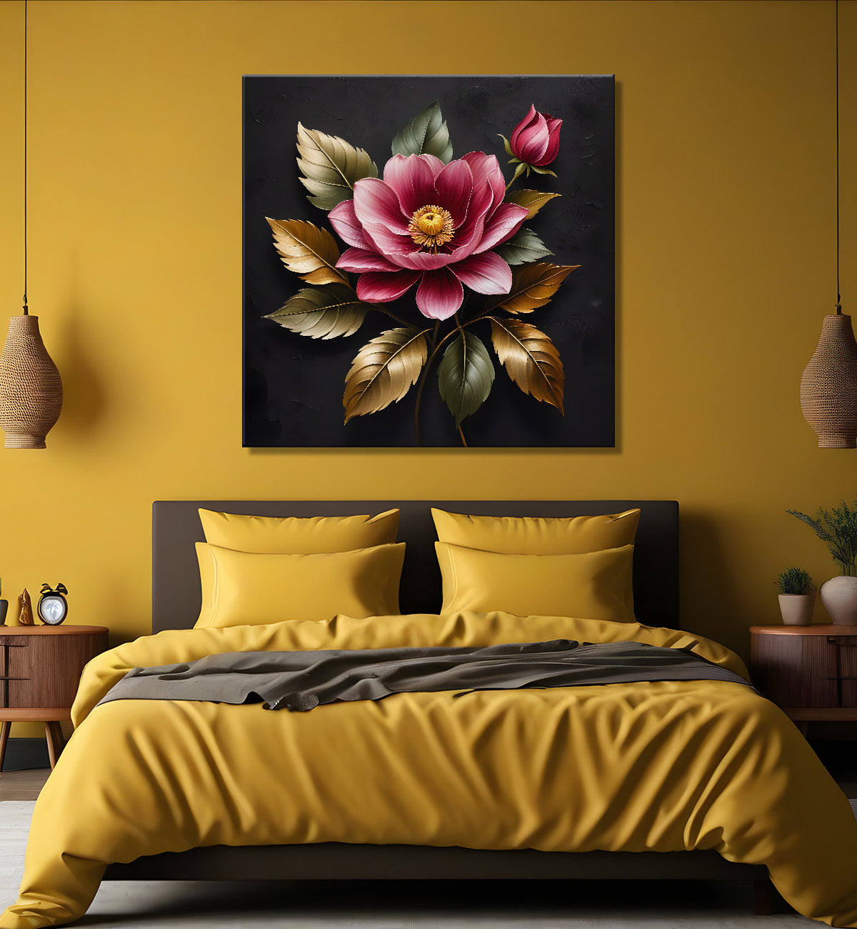 Purple flower in black textured oil painting - Flower-S-480