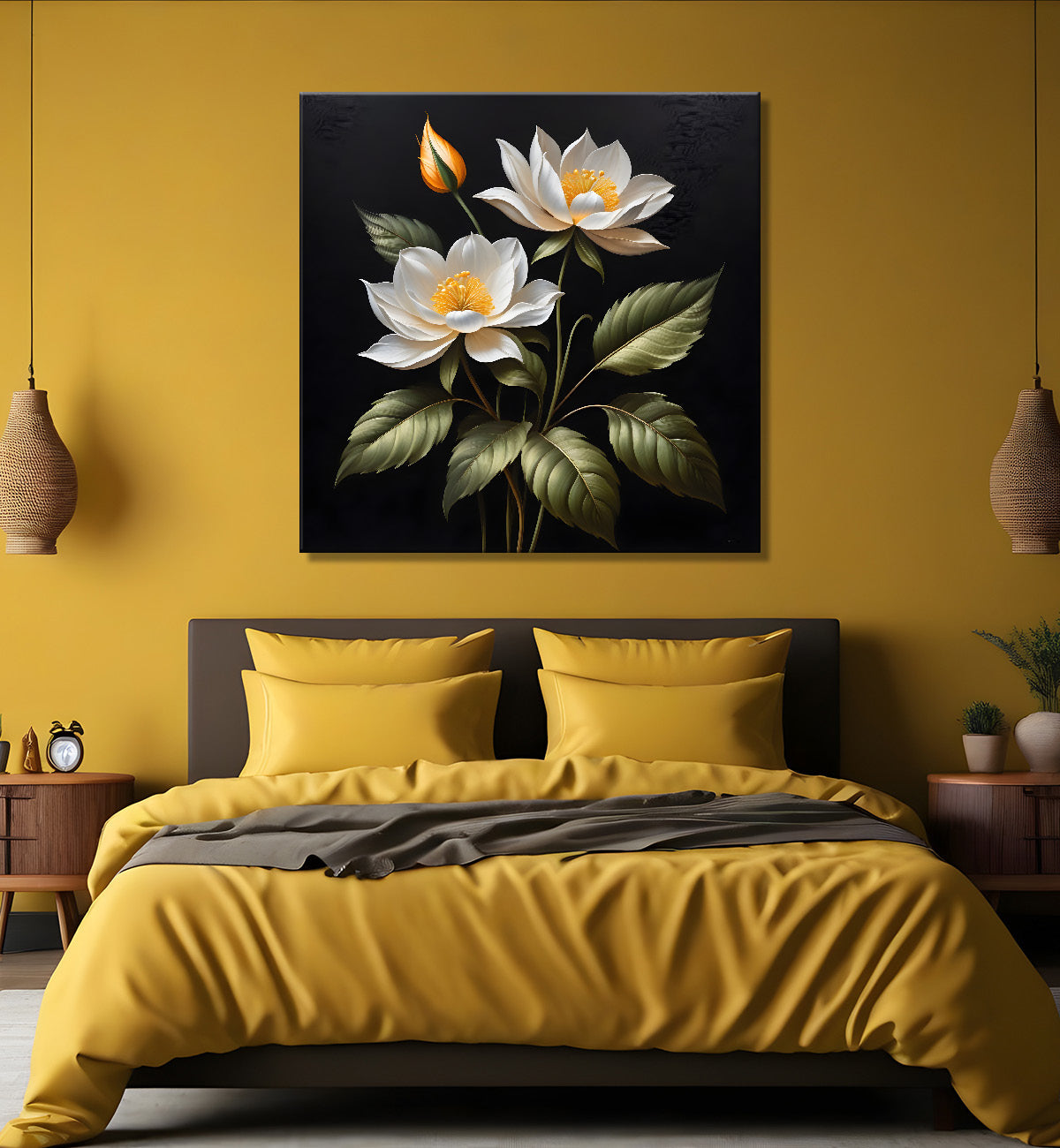 White flowers in black textured oil painting - Flower-S-481