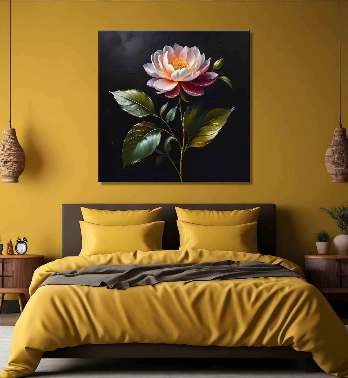 Purple flower in black textured oil painting - Flower-S-484
