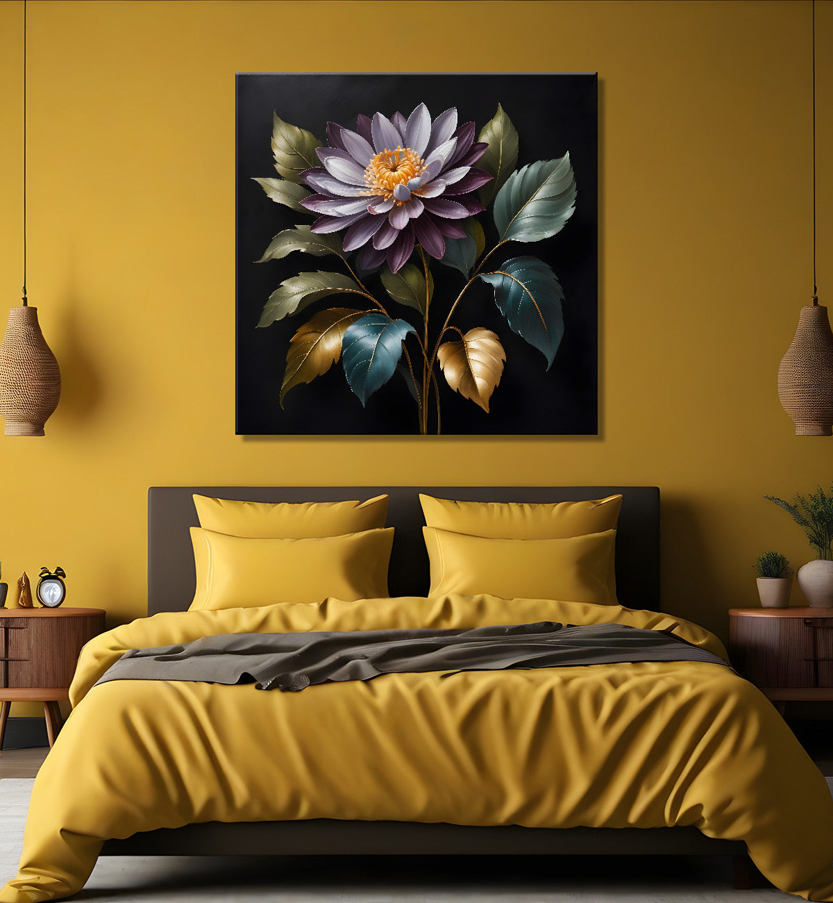Purple flower in black textured oil painting - Flower-S-485