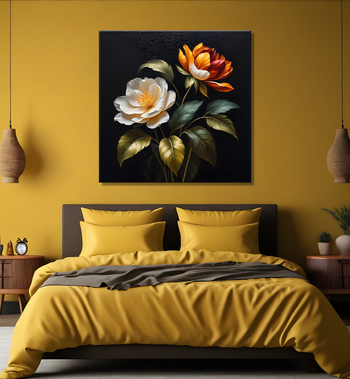 White flower in black textured oil painting - Flower-S-486