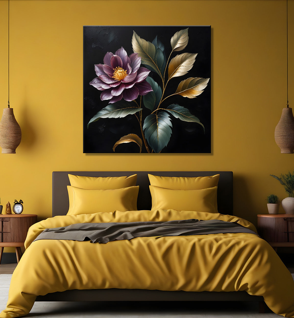 Purple flower in black textured oil painting - Flower-S-487