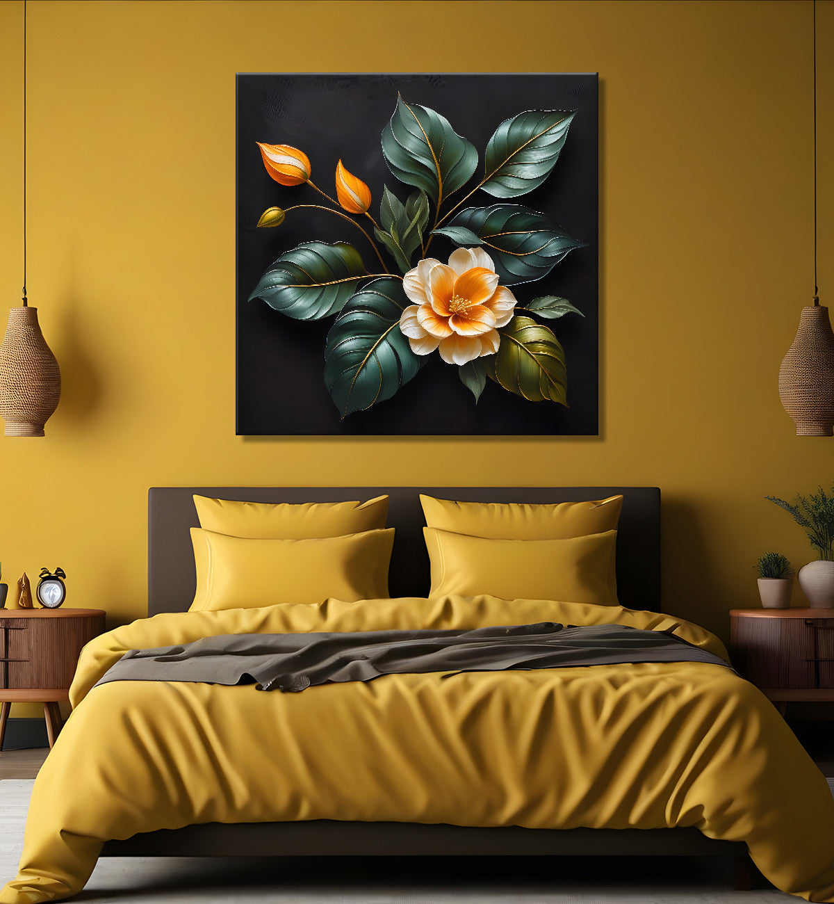 Orange flower in black textured oil painting - Flower-S-491