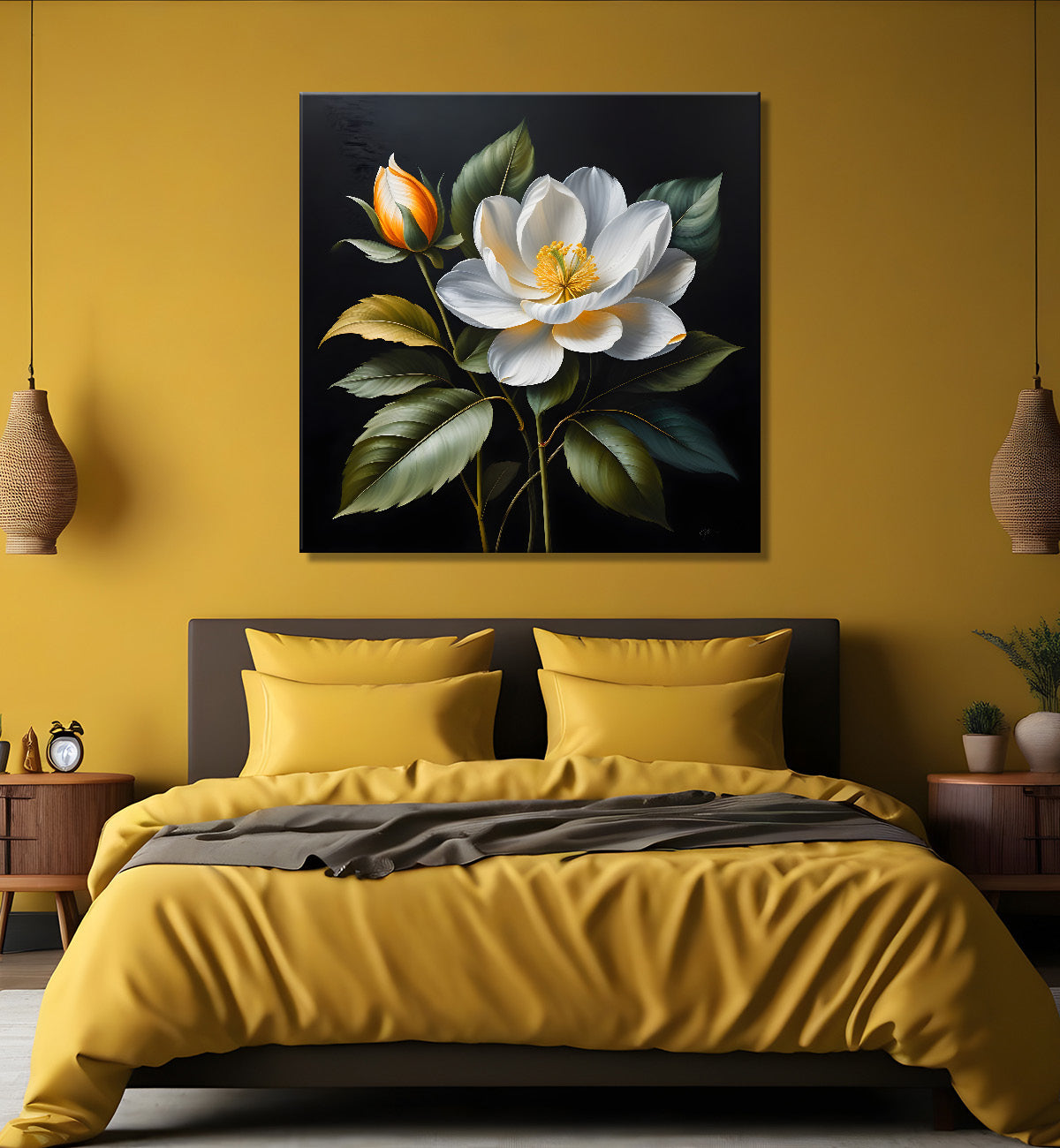 White flower in black textured oil painting  - Flower-S-494