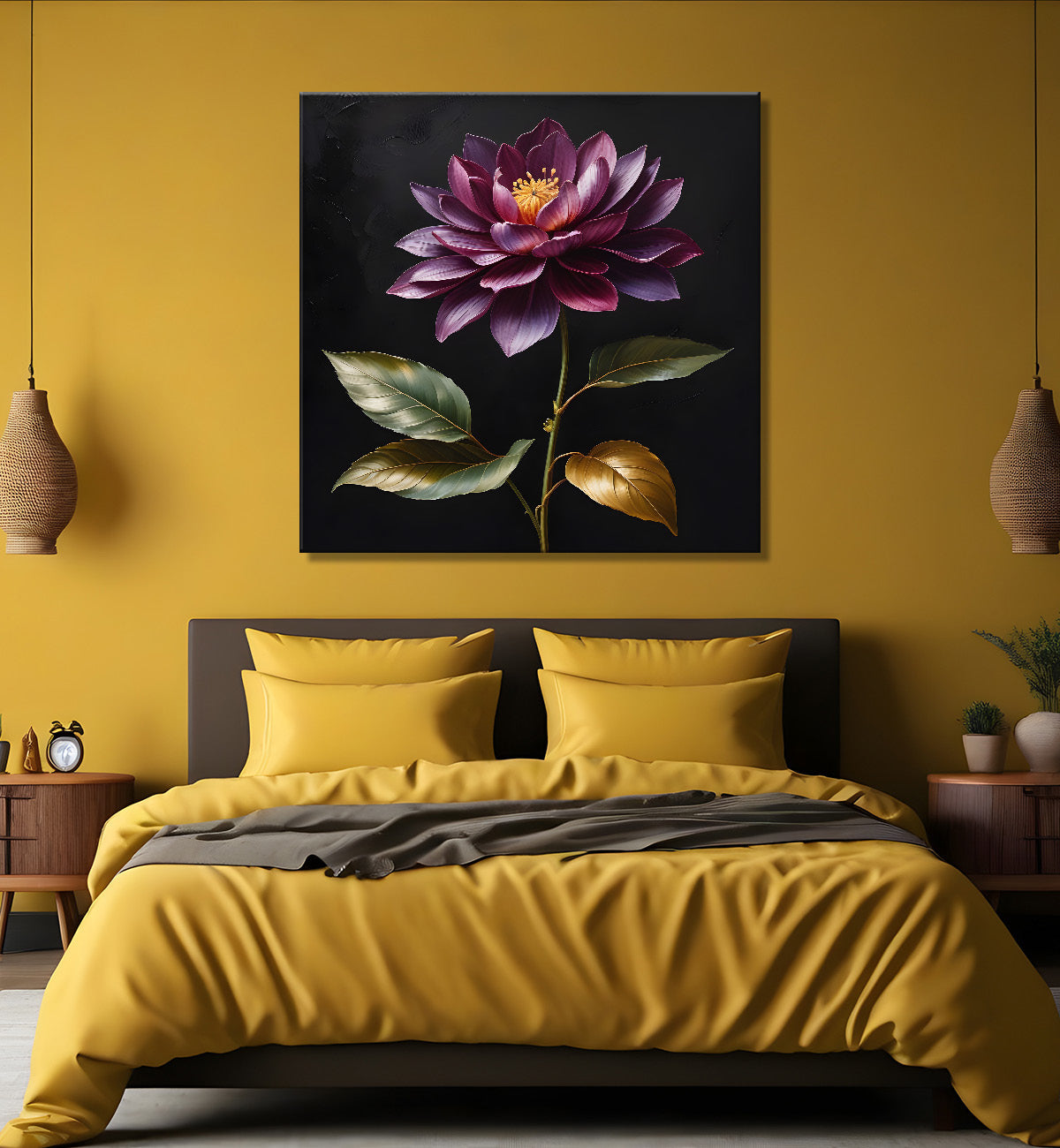 Purple flower in black textured oil painting - Flower-S-496