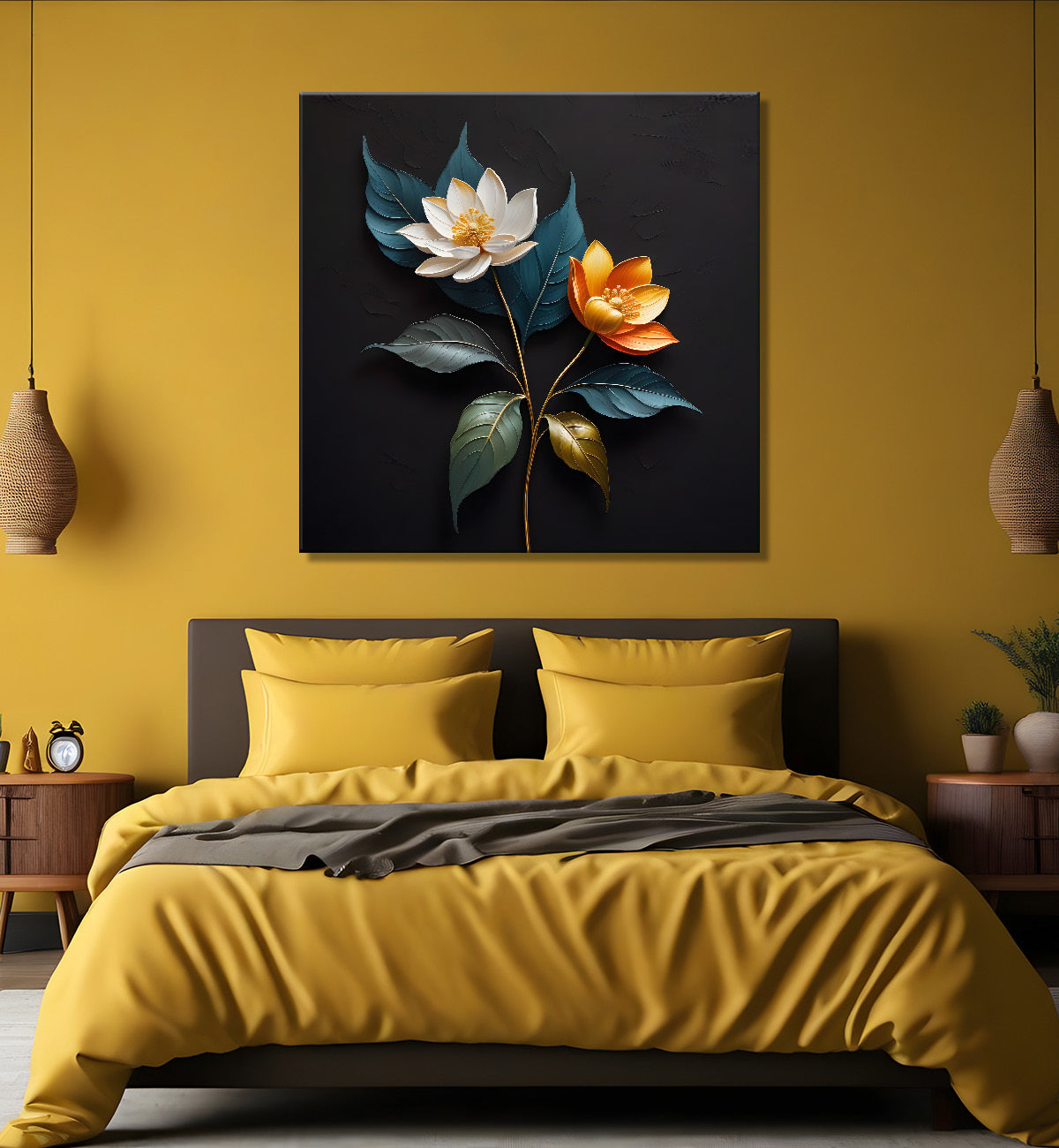 White and orange flowers in black textured oil painting - Flower-S-497