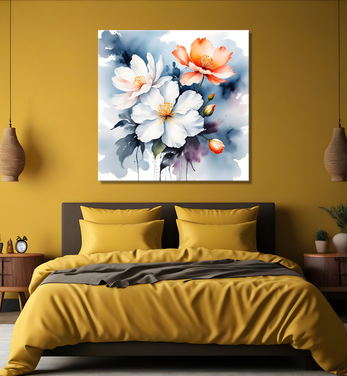 White and orange flowers in water colourful  textured painting Flower-S-505