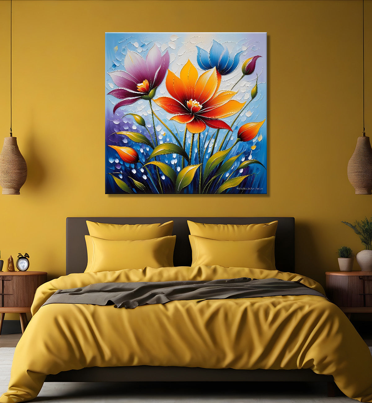 Colourful flower in blue textured painting Flower-S-506