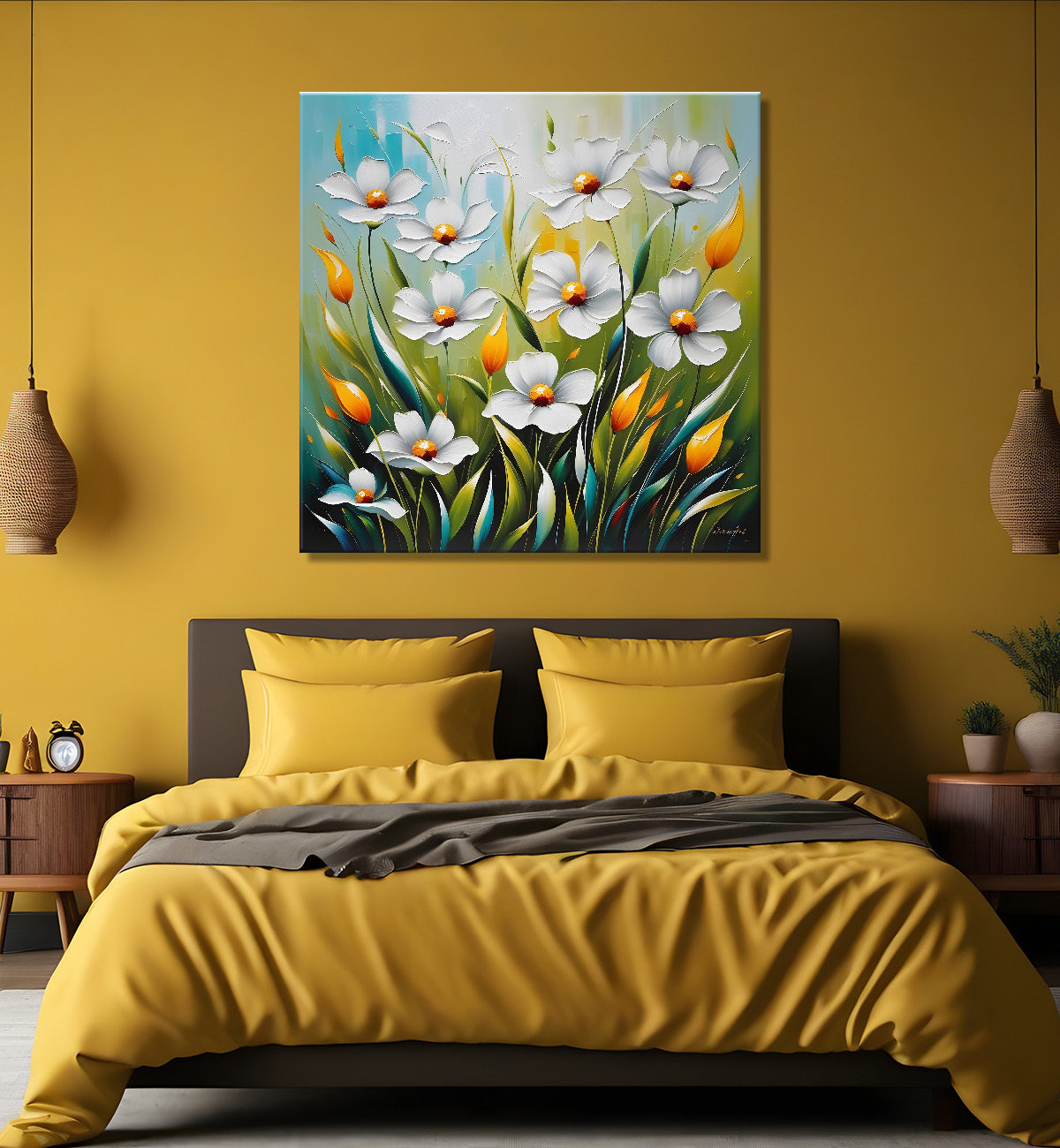 White flower in green textured painting Flower-S-507