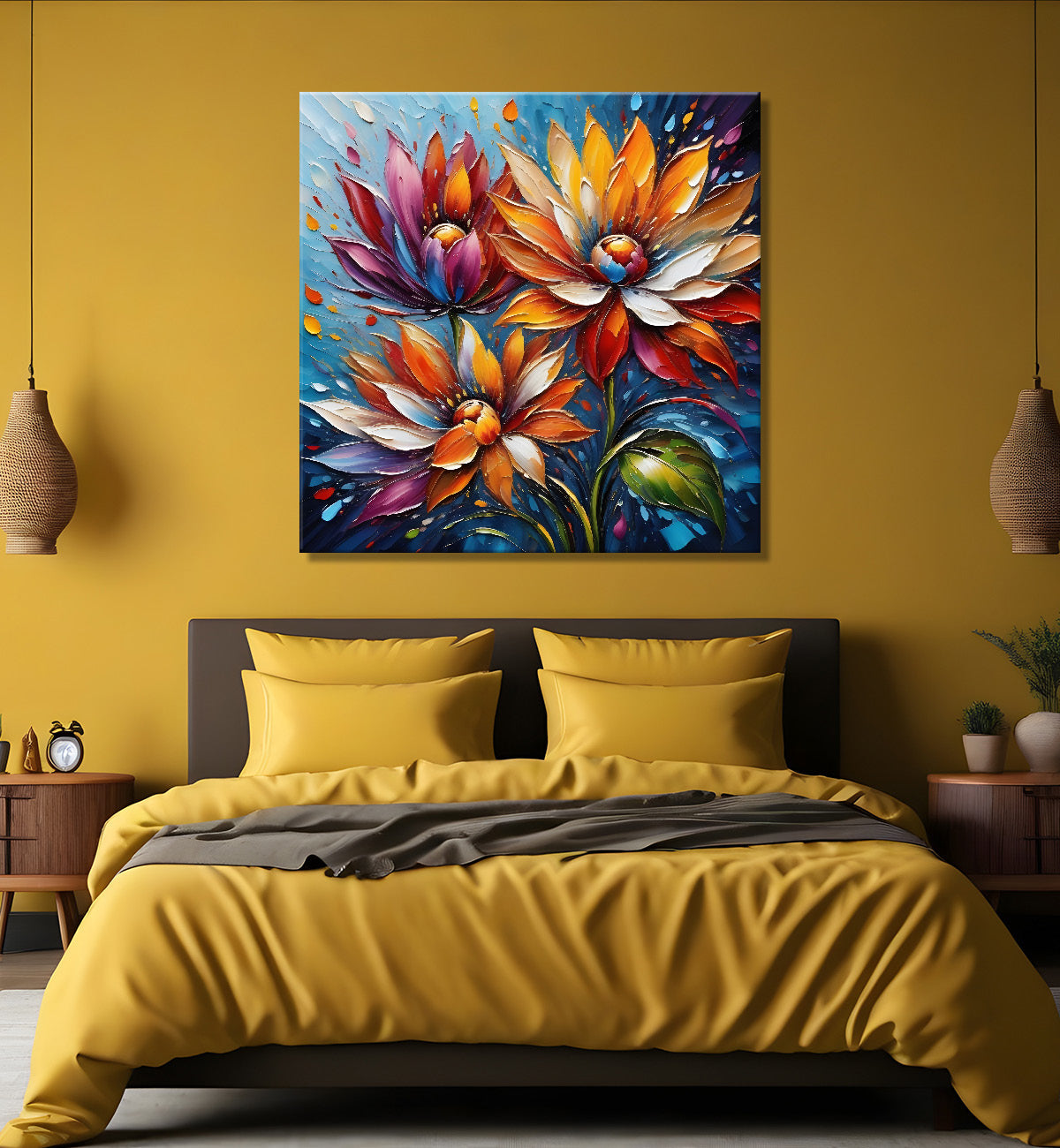 Colourful flower in blue textured painting Flower-S-508