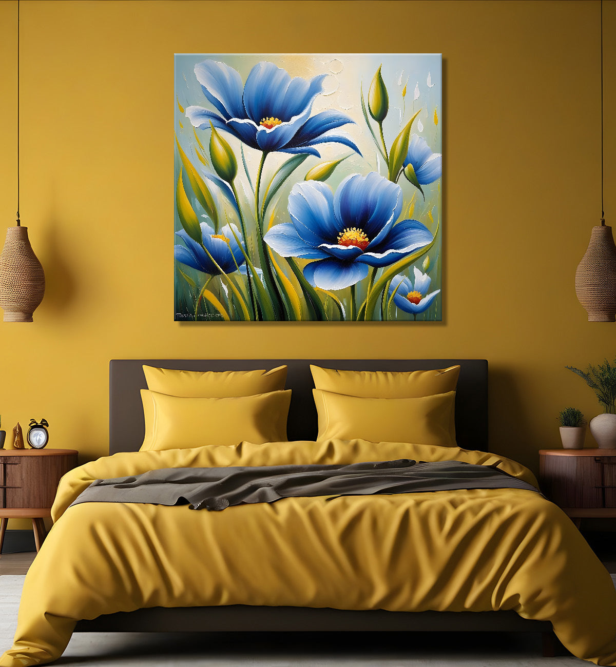 Blue flower in green textured painting Flower-S-509