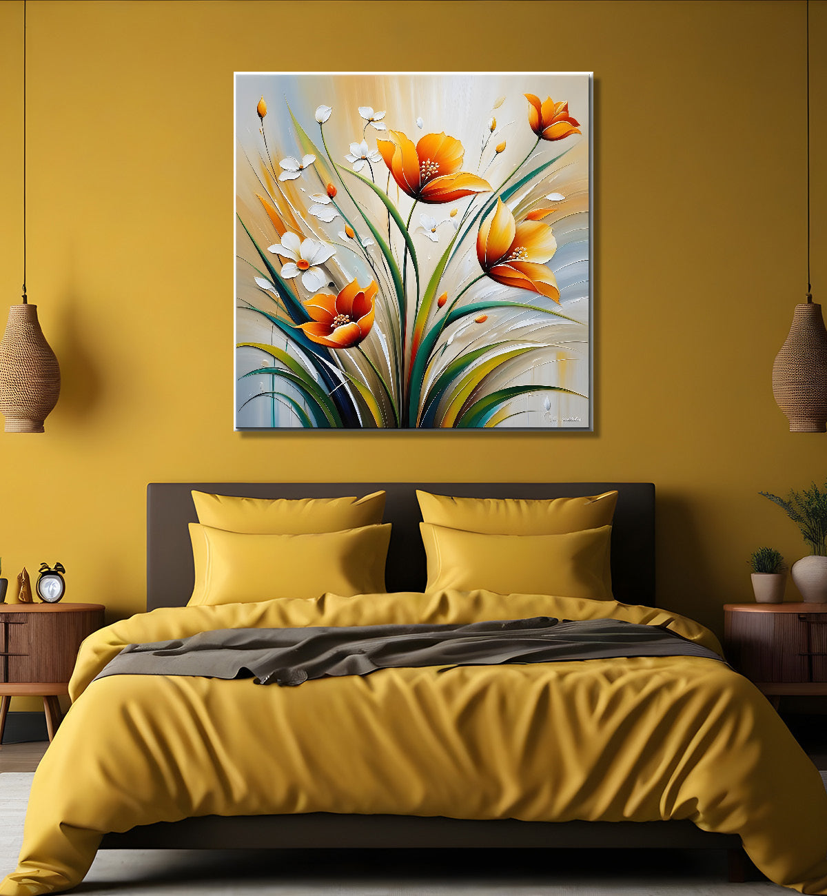 Orange flower in grey textured painting Flower-S-511