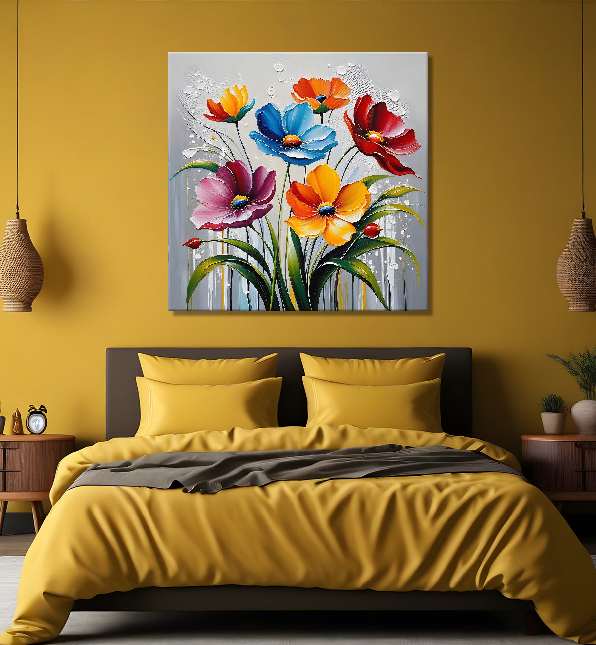 Colourful flower in blue textured painting Flower-S-512