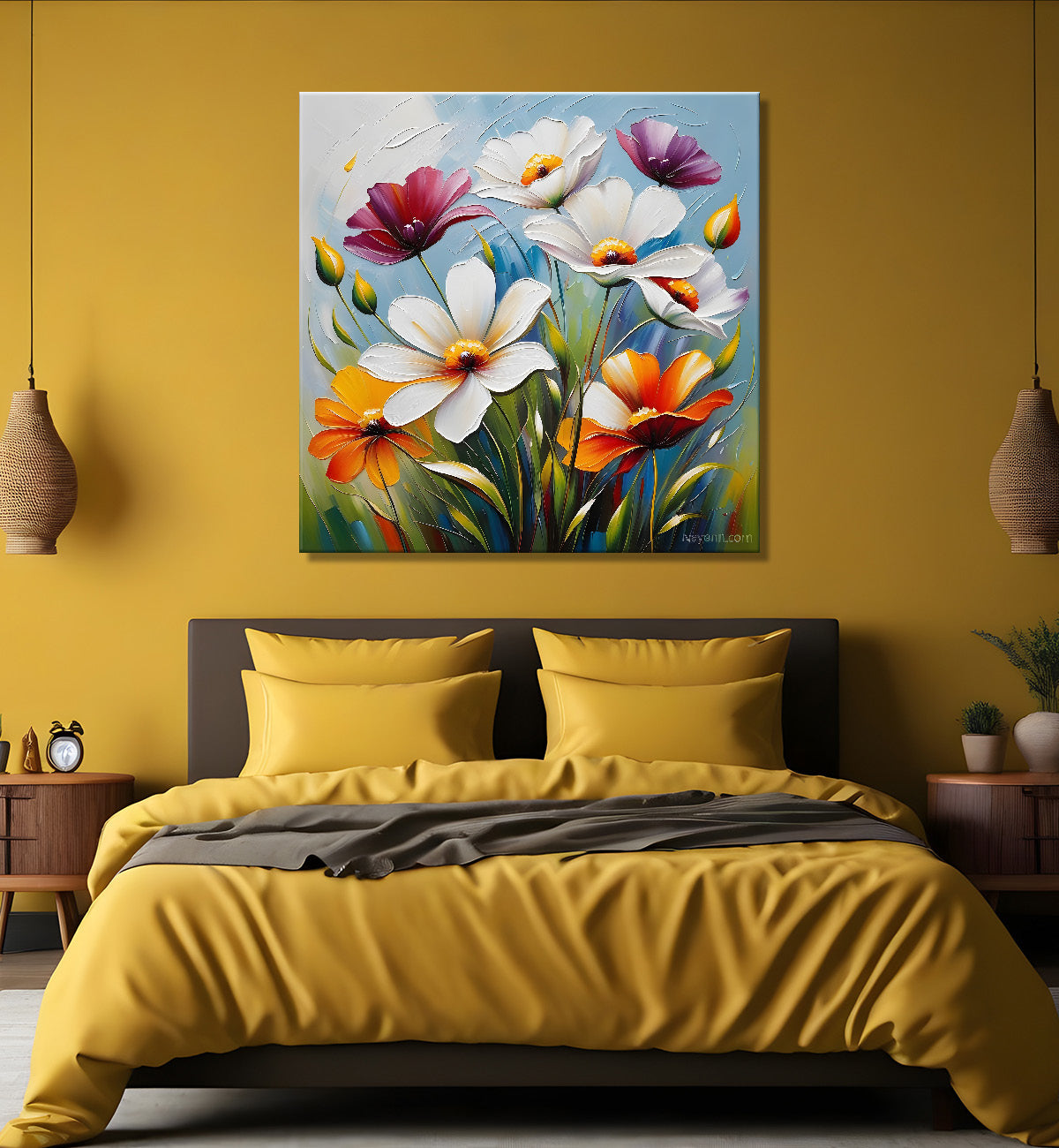 Colourful flower in blue textured painting Flower-S-513