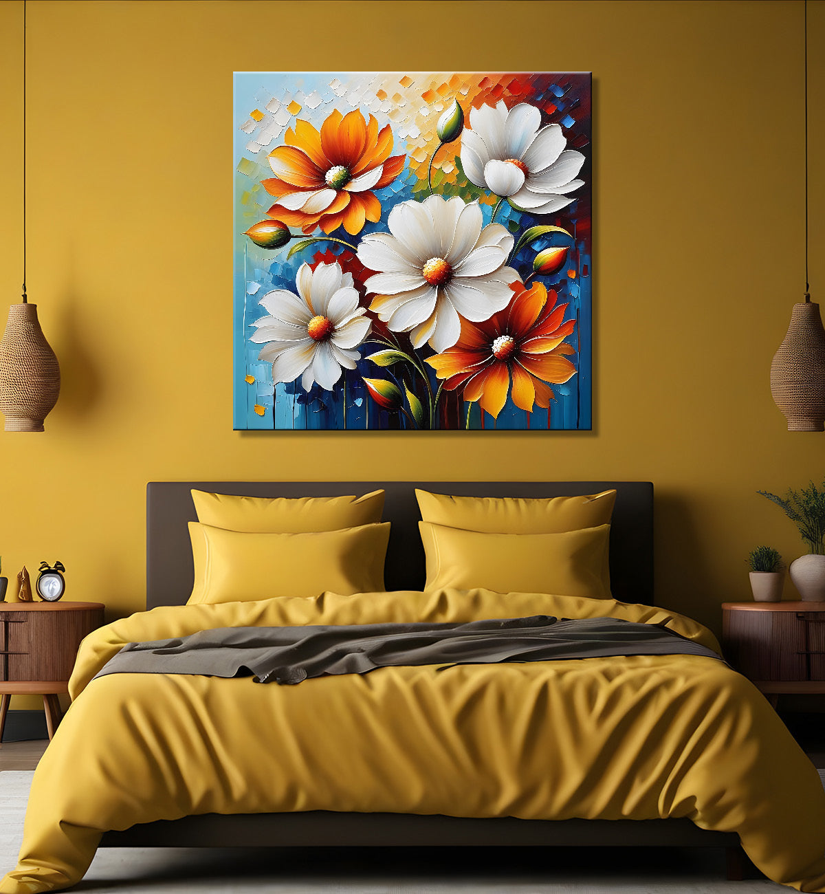 Colourful flower in blue textured painting Flower-S-514