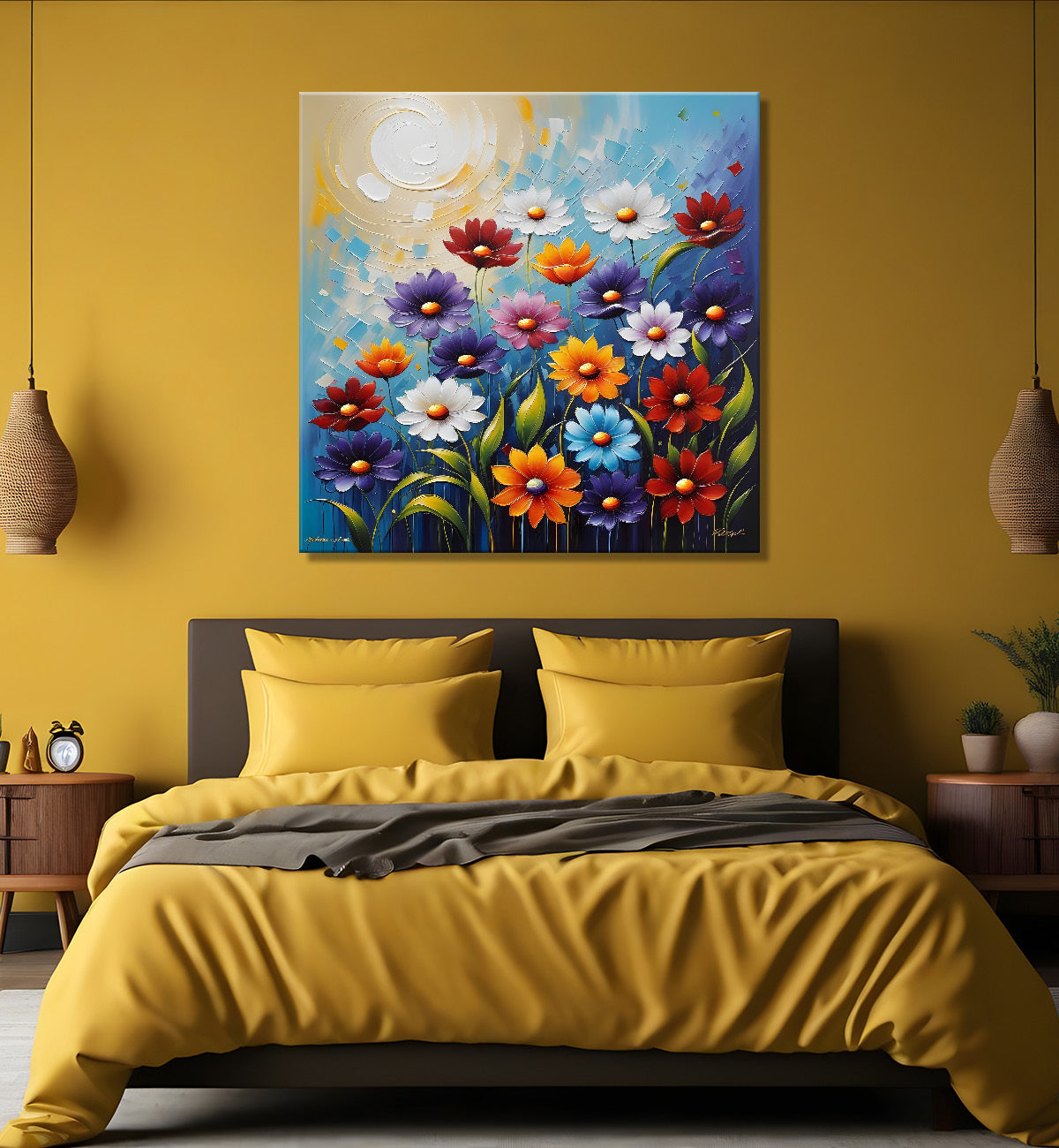 Colourful flower in blue textured painting Flower-S-515