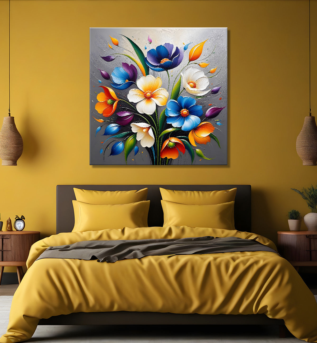 Colourful flower in blue textured painting Flower-S-516