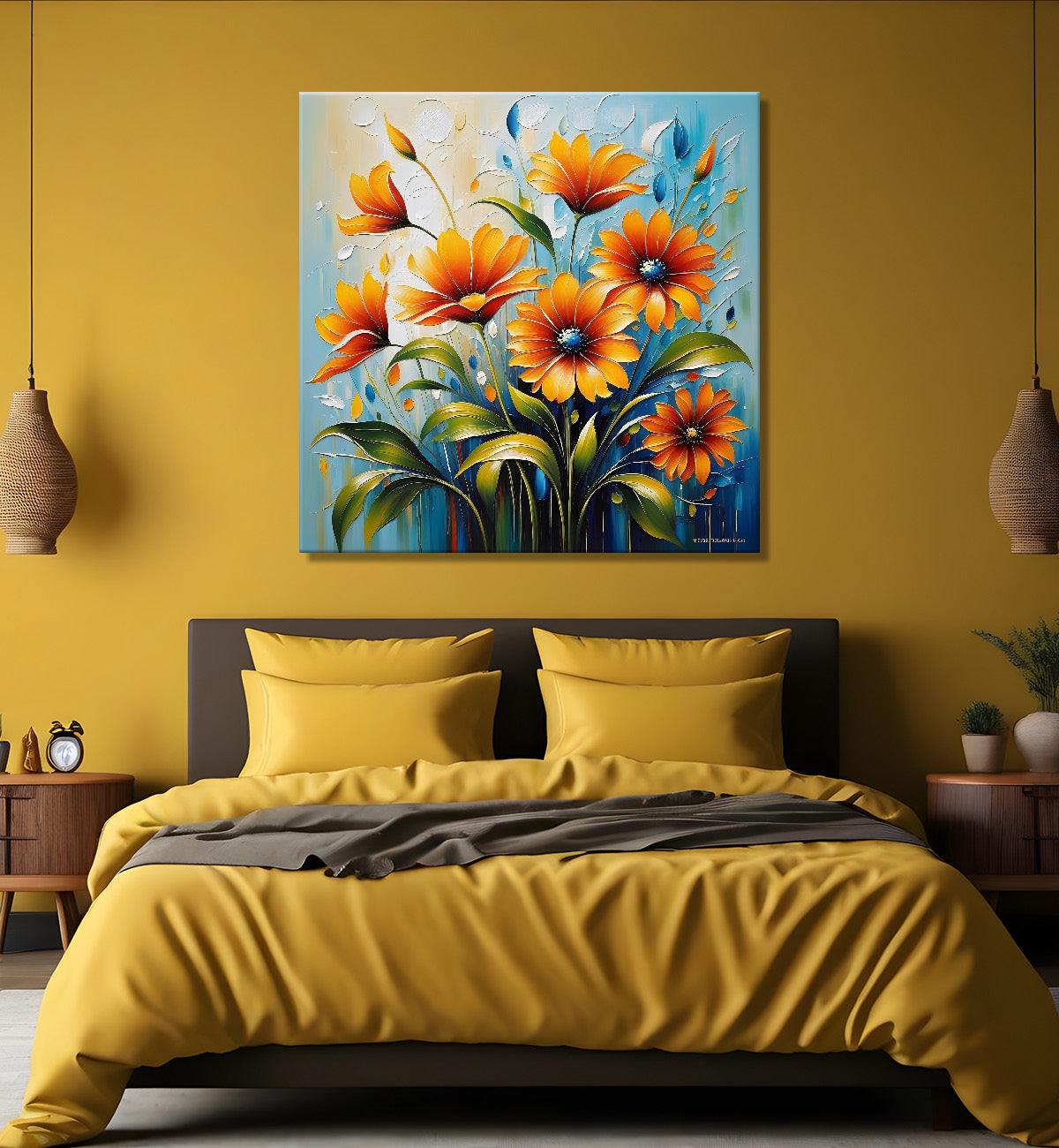 Orange flower in blue textured painting Flower-S-517