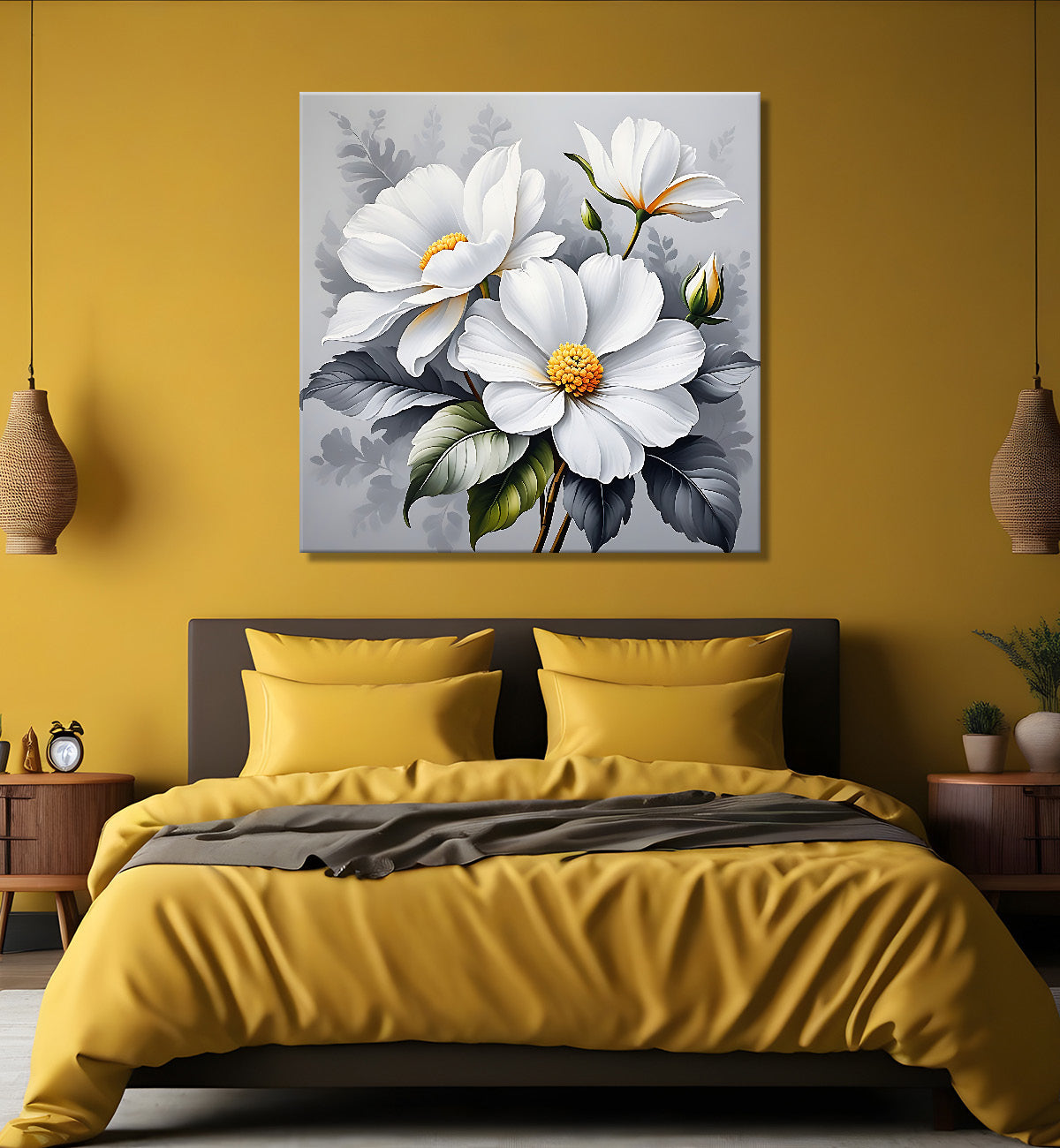 White flower in grey textured  painting Flower-S-519