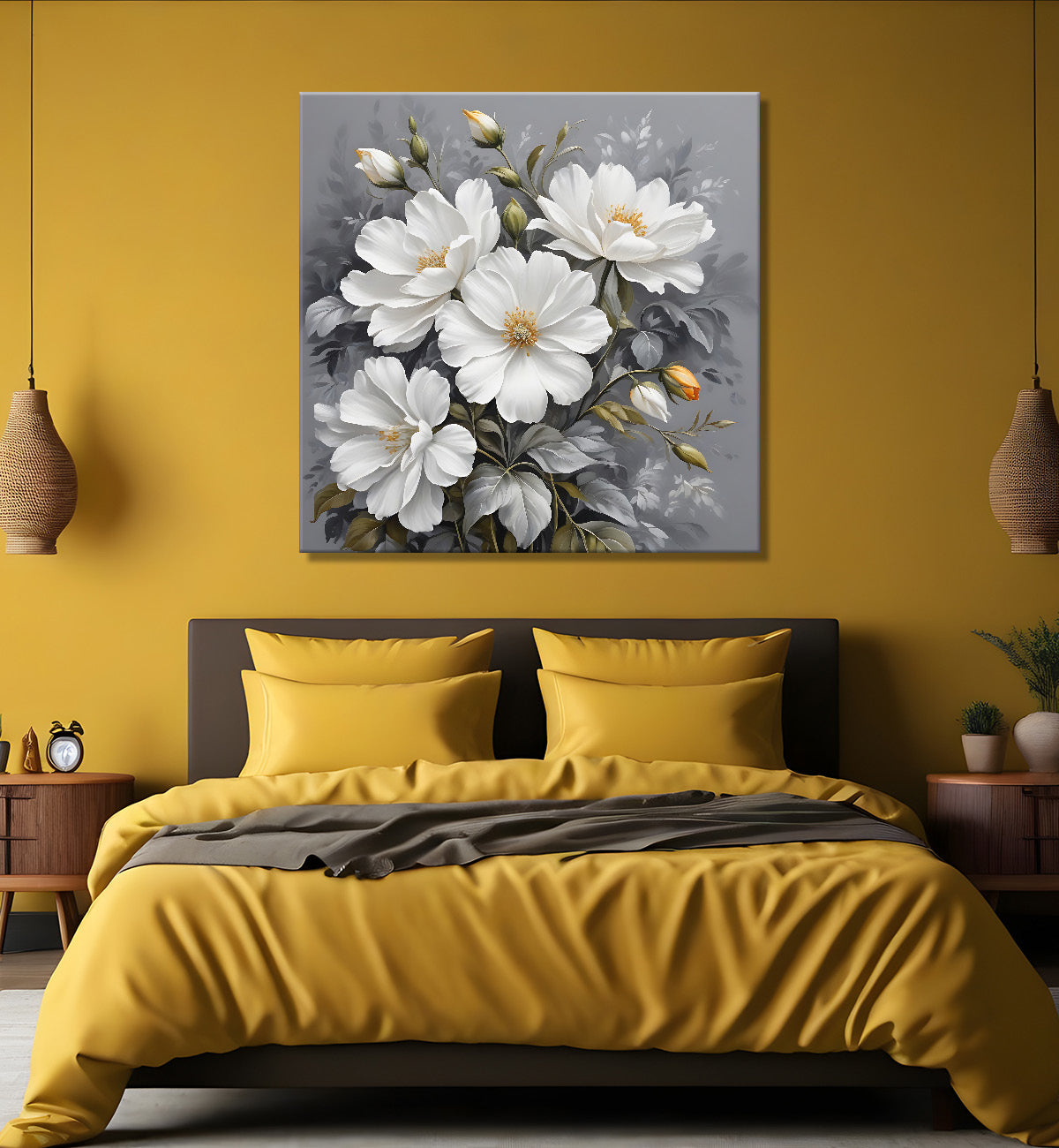 White flower in grey textured  painting Flower-S-520