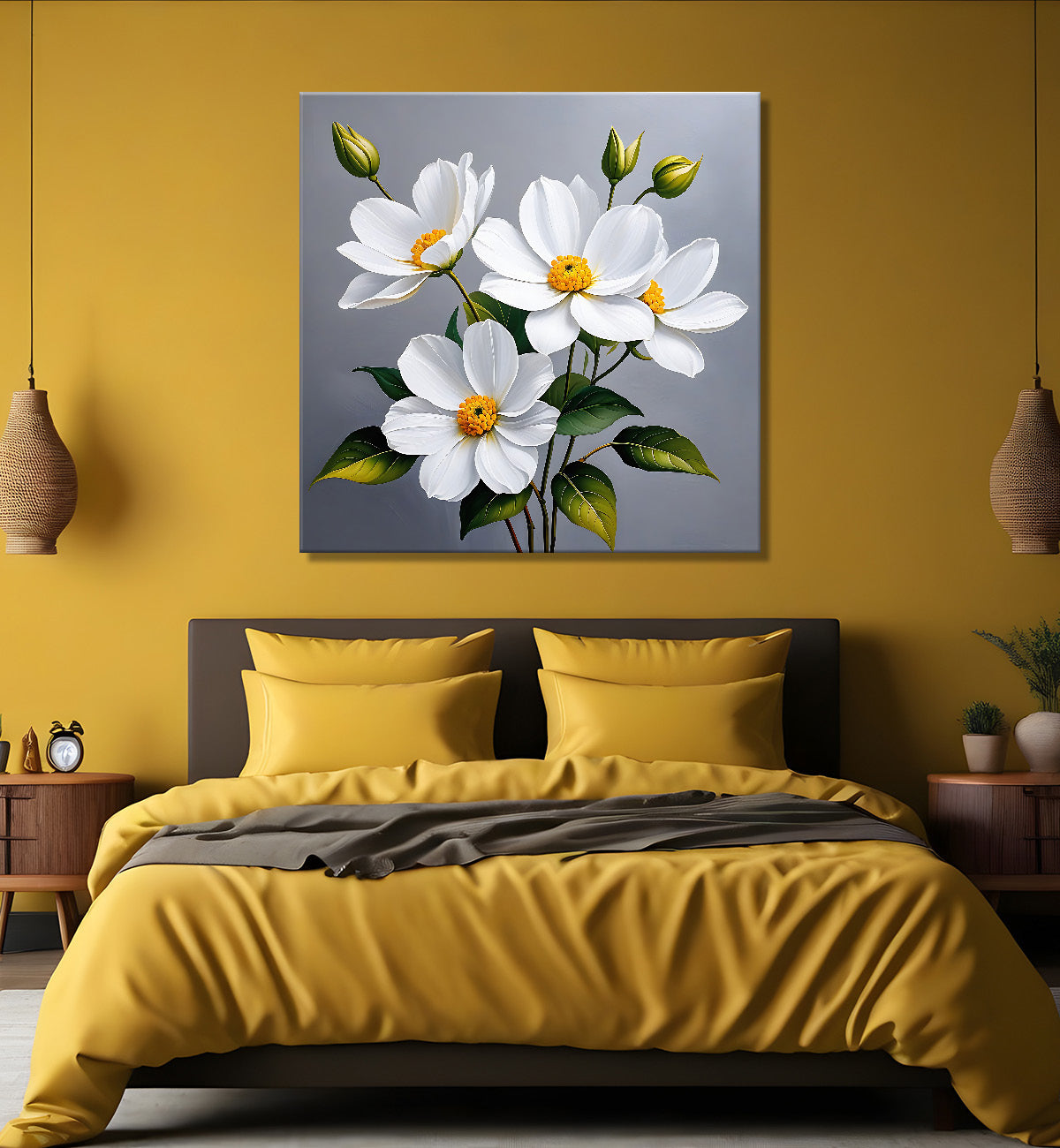 White flower in grey textured  painting Flower-S-521