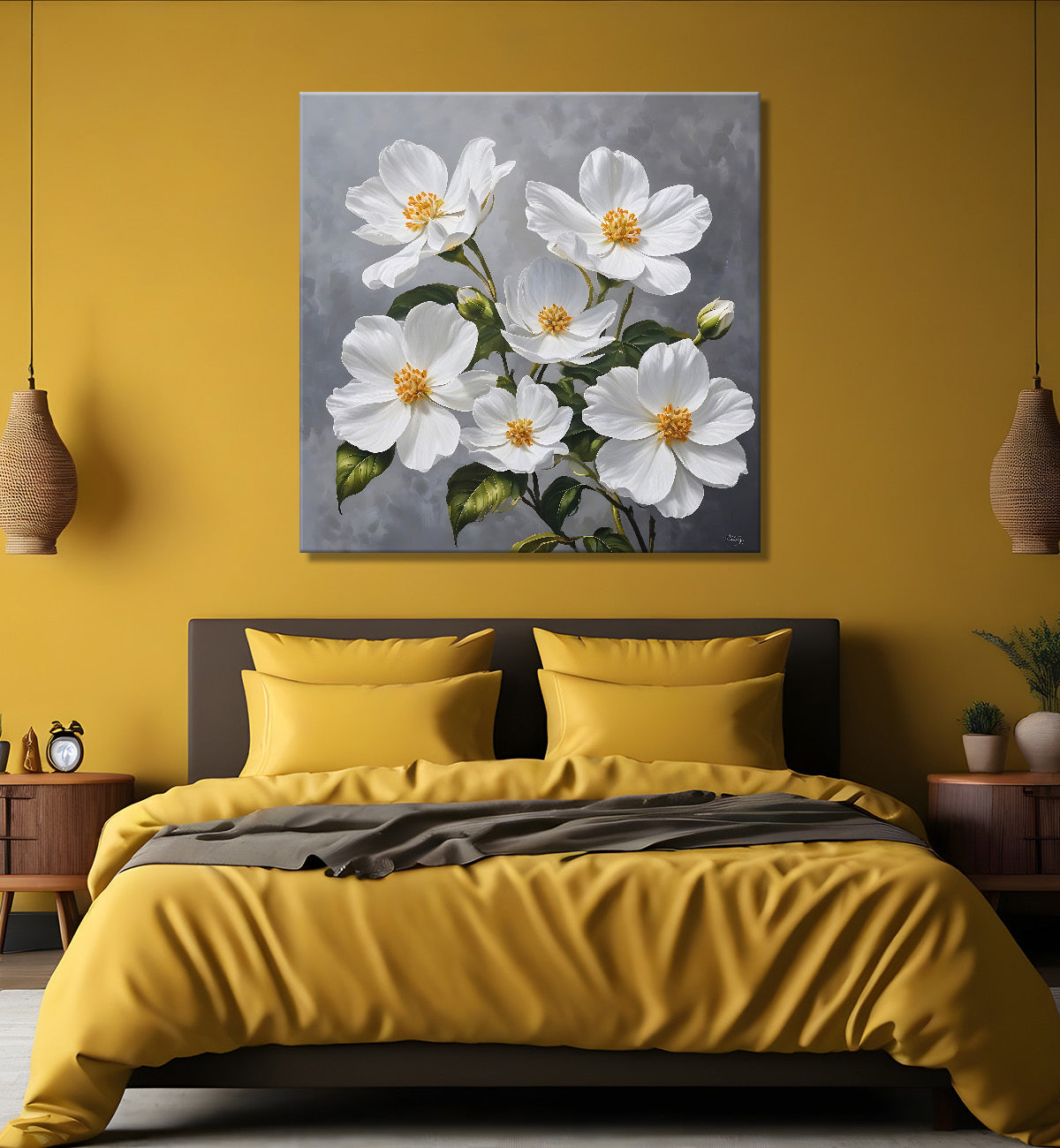 White flower in grey textured  painting Flower-S-522