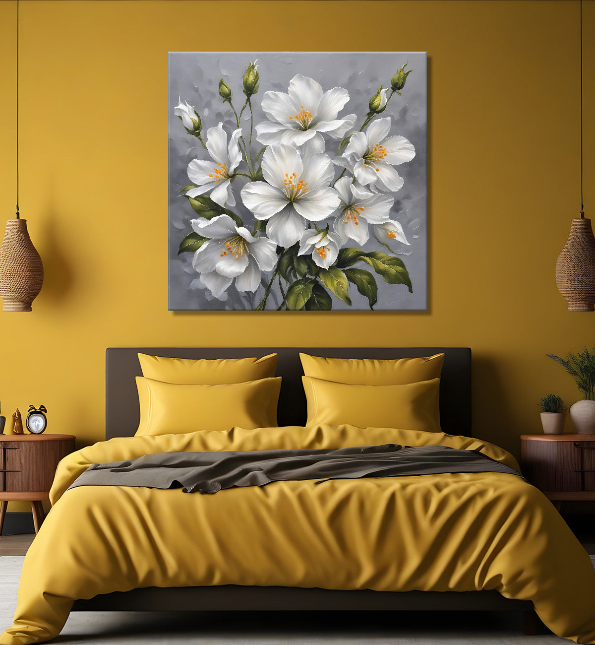 White flower in grey textured  painting Flower-S-523