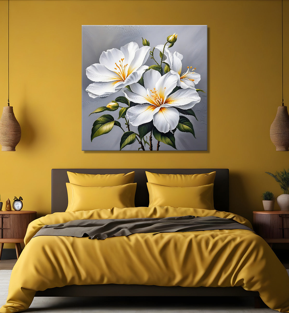 White flower in grey textured  painting Flower-S-524