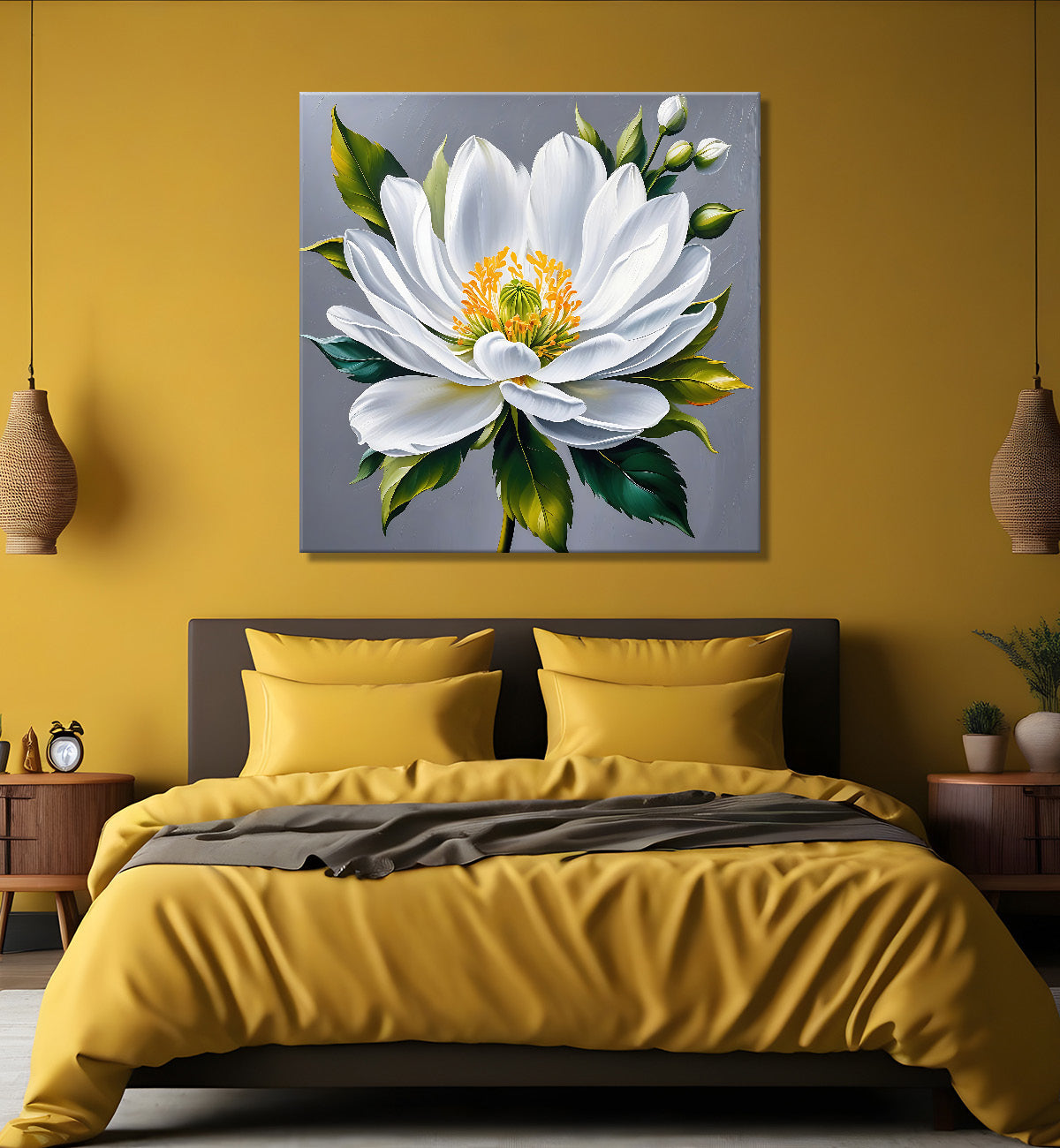White flower in grey textured  painting Flower-S-525