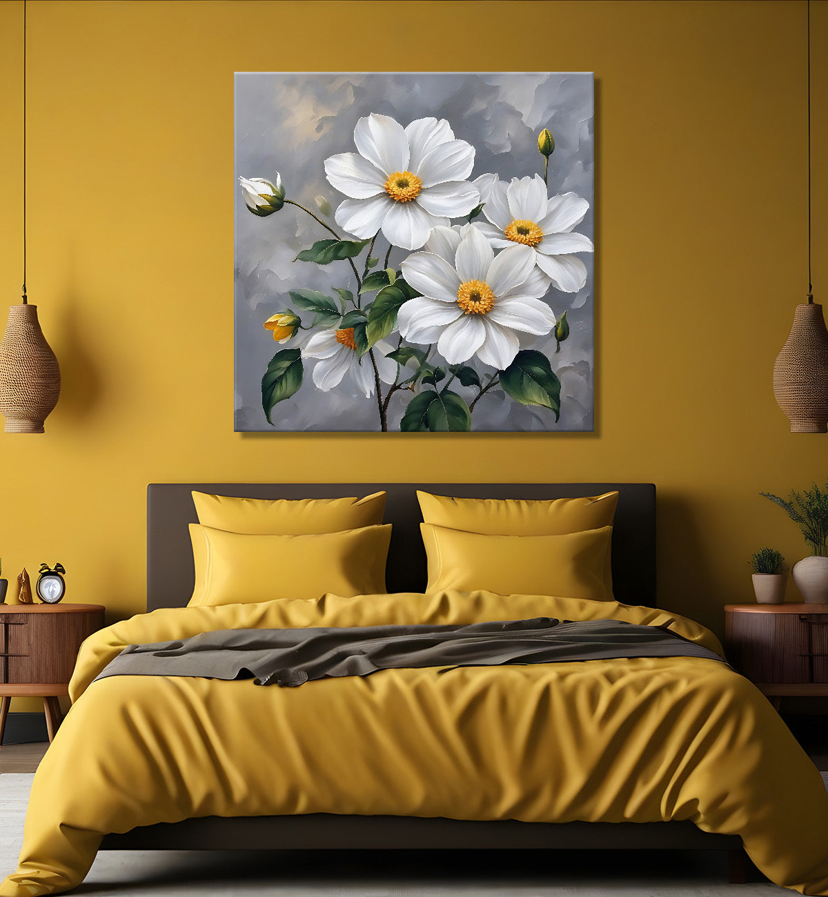 White flower in grey textured  painting Flower-S-526